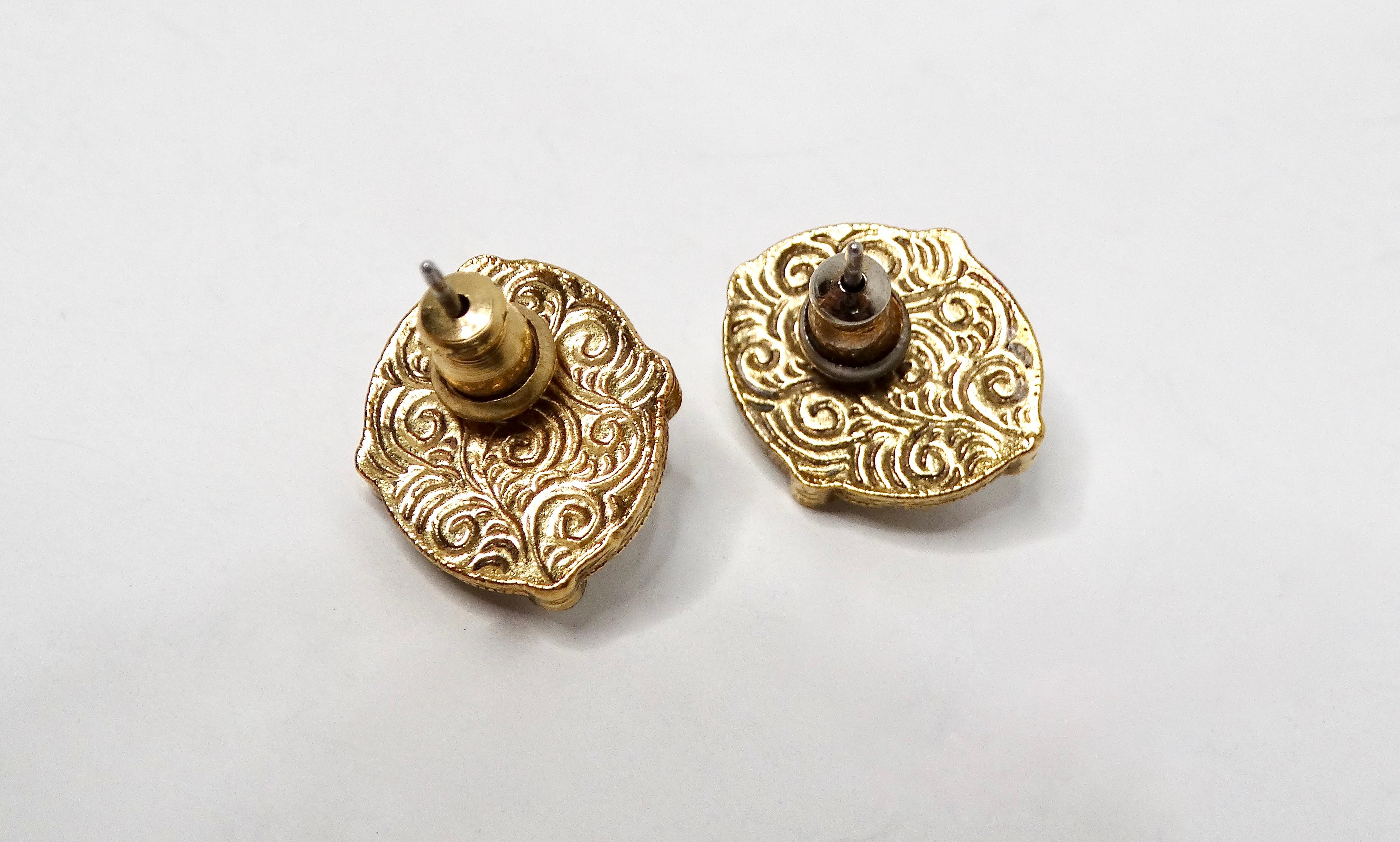 1920s Handmade Rose 18k Gold Plated Stud Earrings With Pearl & Crystal Accents In Good Condition For Sale In Scottsdale, AZ