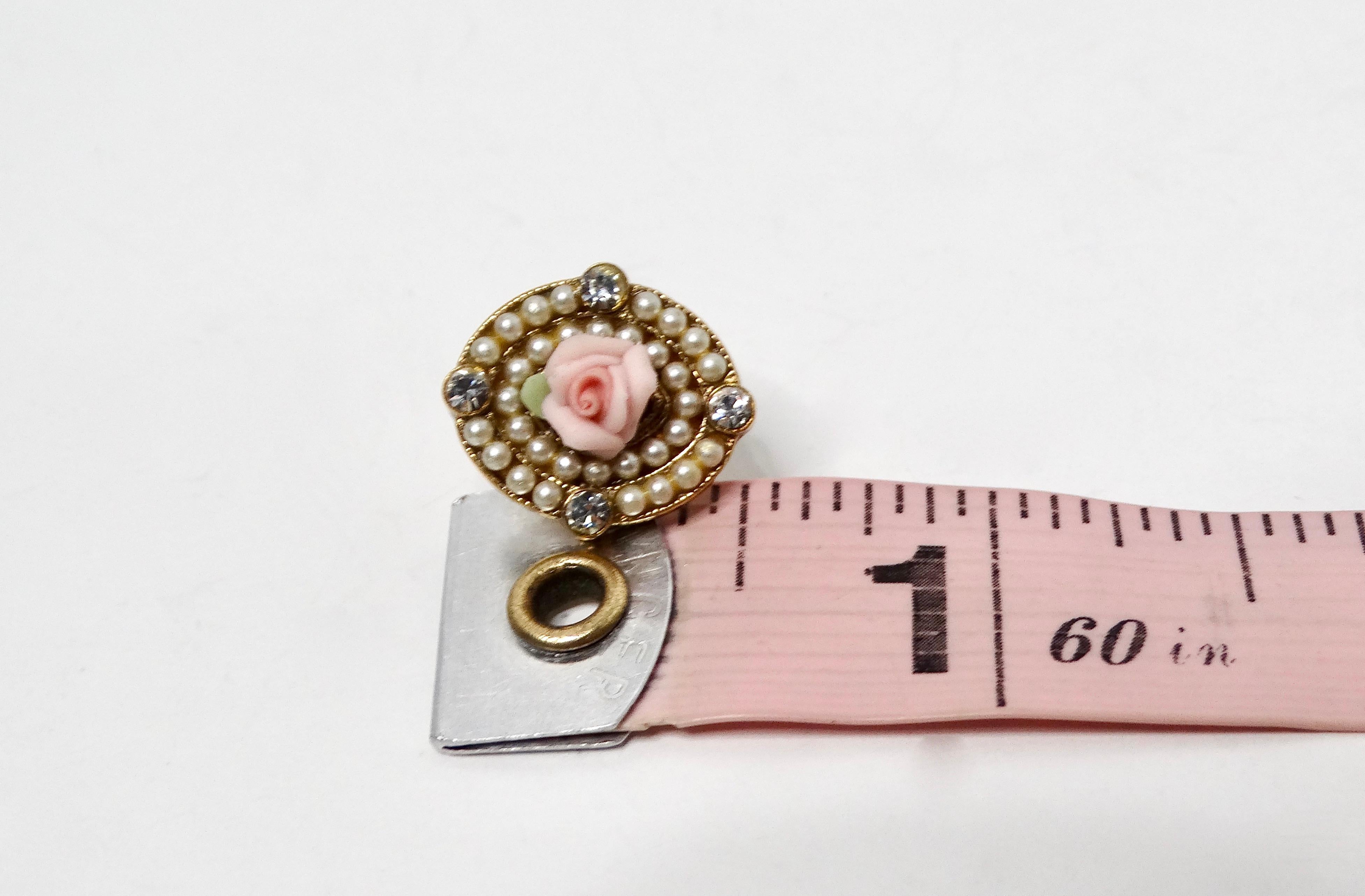 Women's 1920s Handmade Rose 18k Gold Plated Stud Earrings With Pearl & Crystal Accents For Sale