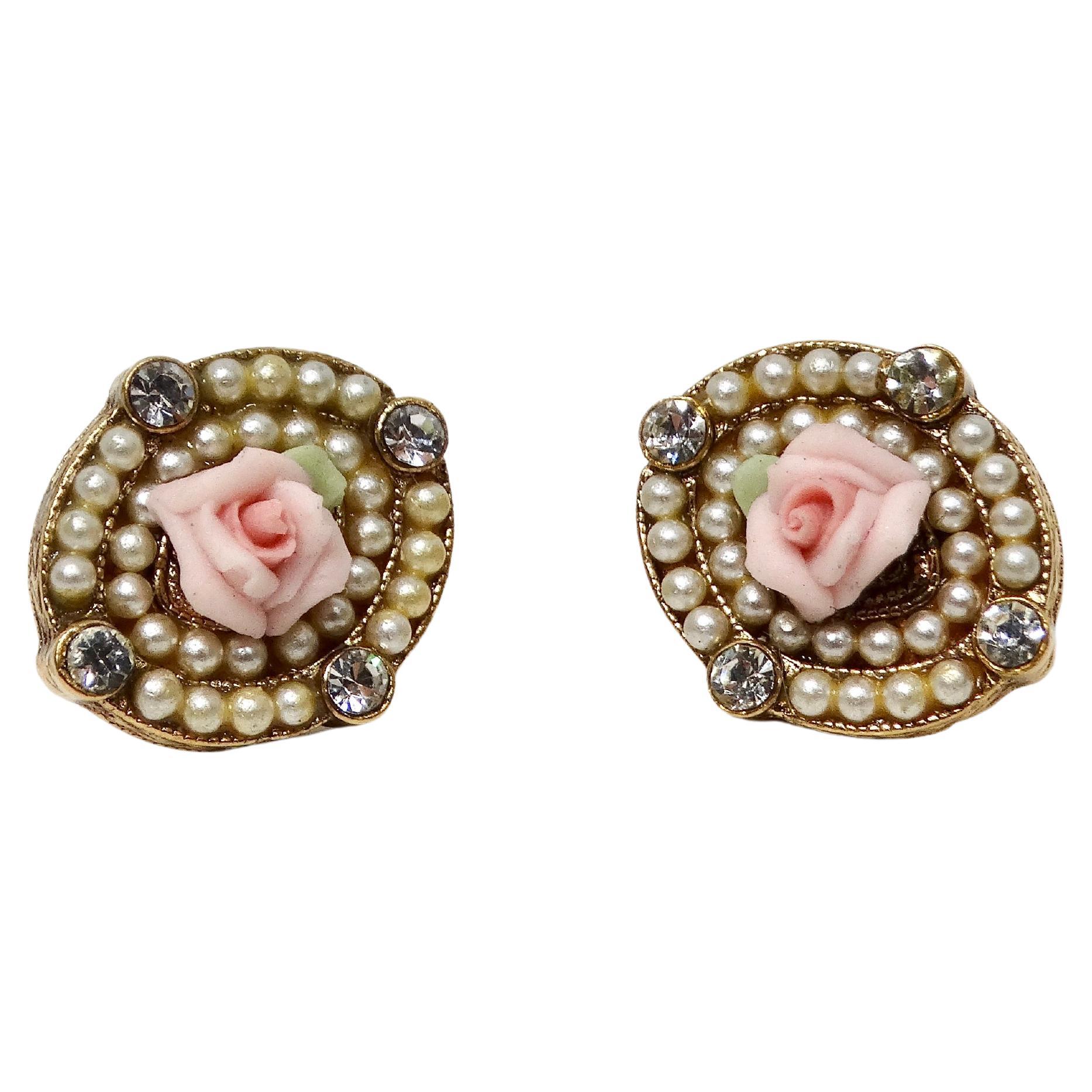 1920s Handmade Rose 18k Gold Plated Stud Earrings With Pearl & Crystal Accents For Sale