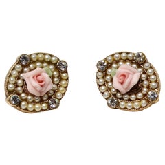 Antique 1920s Handmade Rose 18k Gold Plated Stud Earrings With Pearl & Crystal Accents