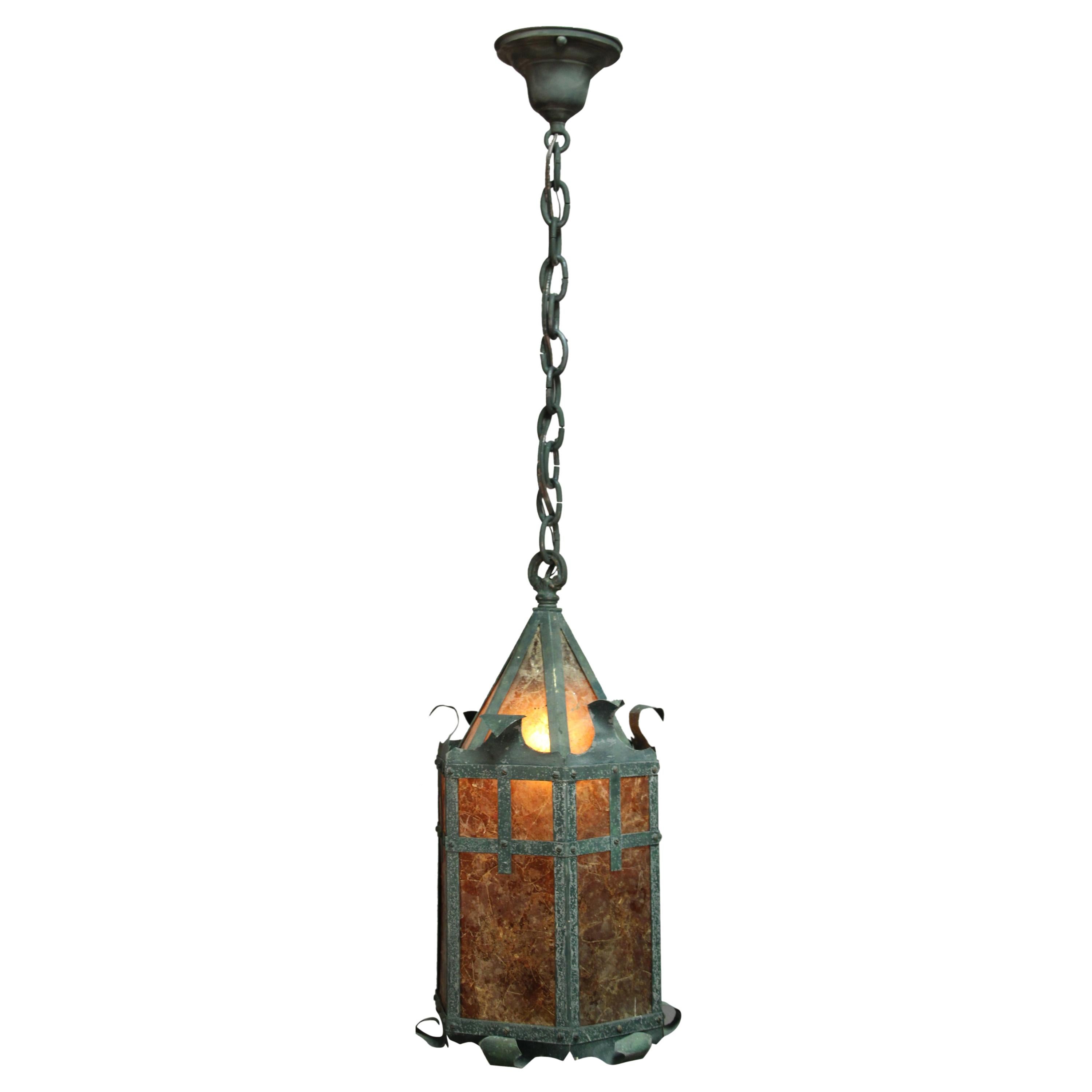1920s Hanging Tudor Arts & Crafts Lantern with Mica For Sale
