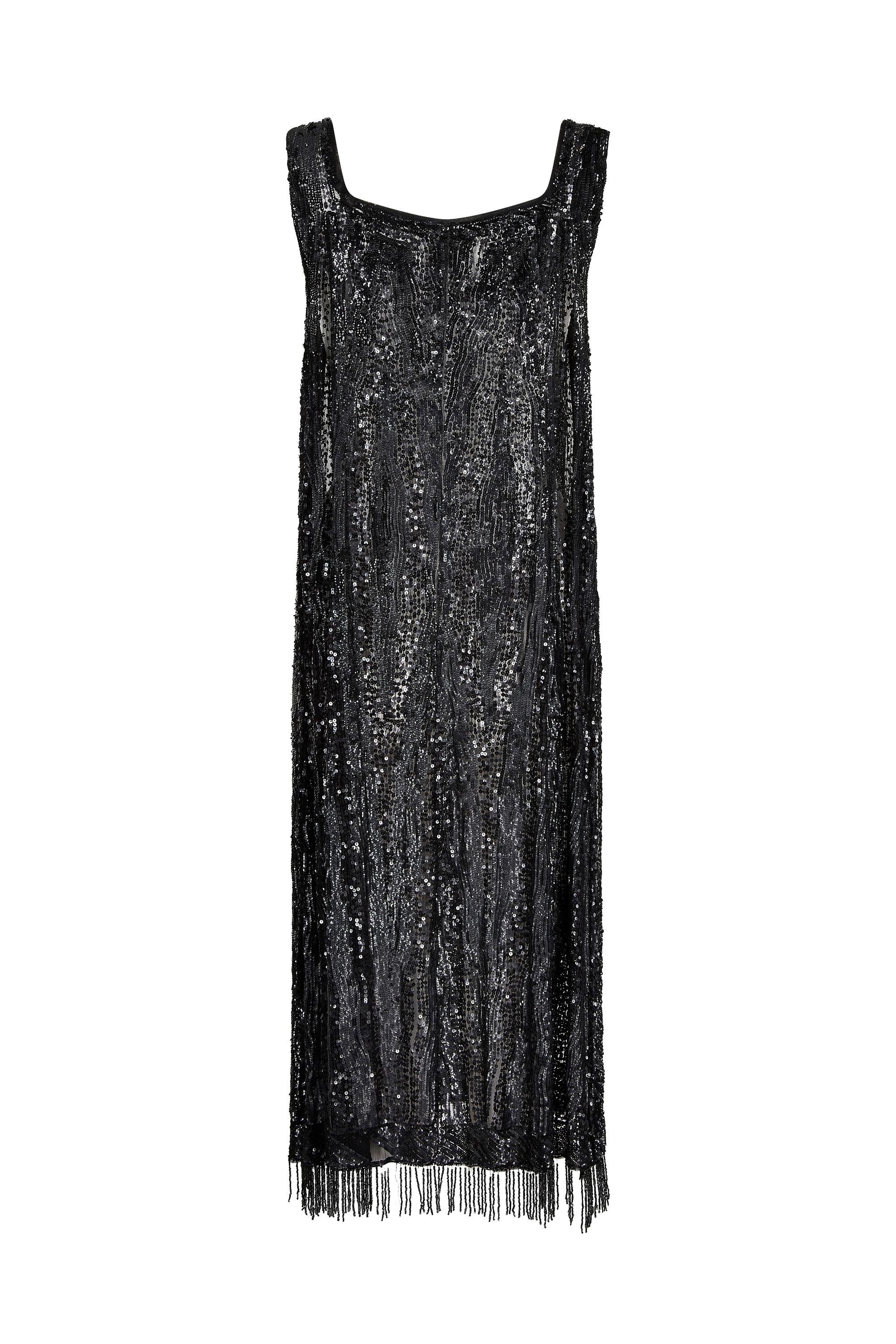 Robe de soirée haute couture noire à sequins avec ourlet à pompons des années 1920 Excellent état - En vente à London, GB