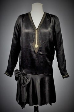 1920s Haute Couture Little Black Dress in Black Satin with Embroidery