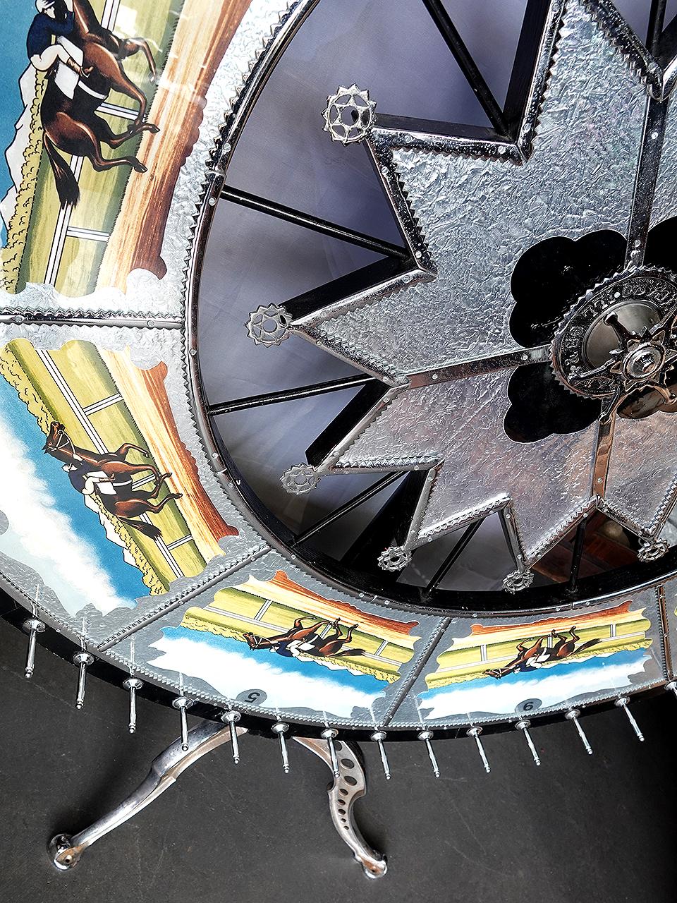 Glass 1920s H.C. Evans Jumbo Horse Racing Wheel On Stand
