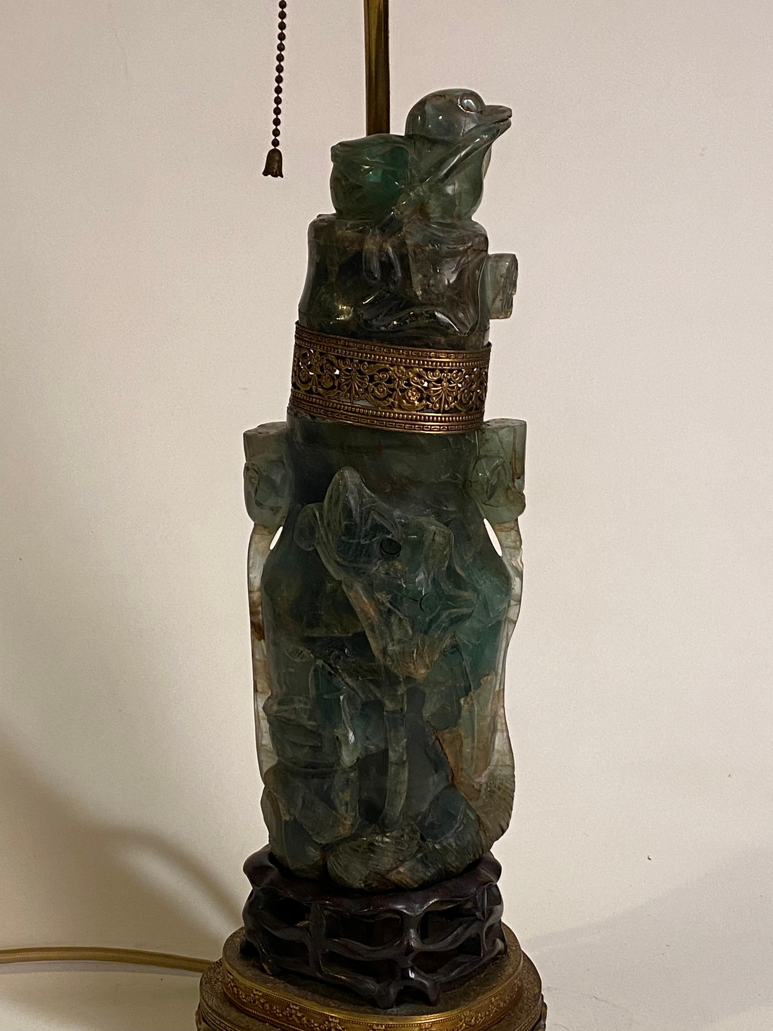 1920s Heavily Carved Asian Jade Table Lamp 2