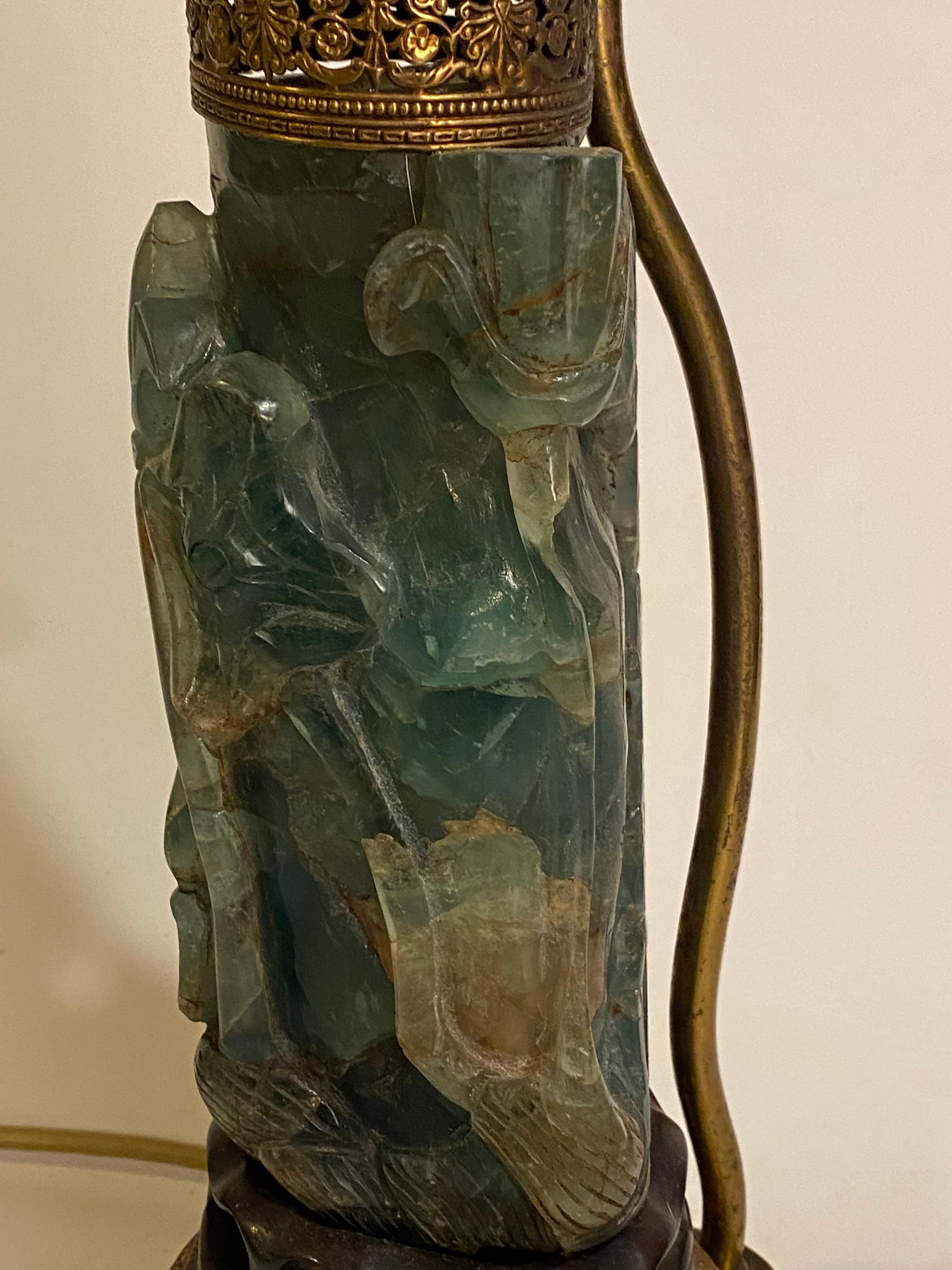 1920s Heavily Carved Asian Jade Table Lamp For Sale 7