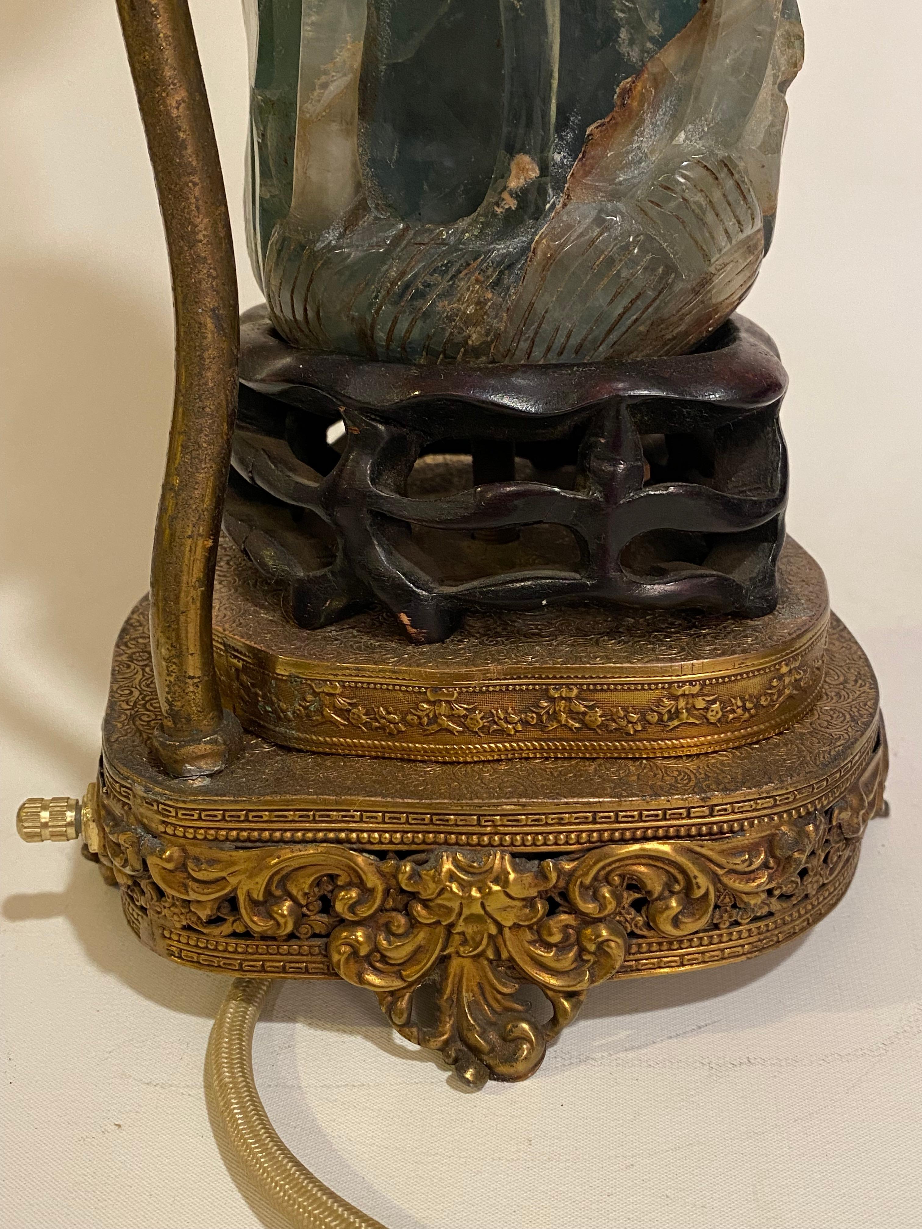 1920s Heavily Carved Asian Jade Table Lamp For Sale 11