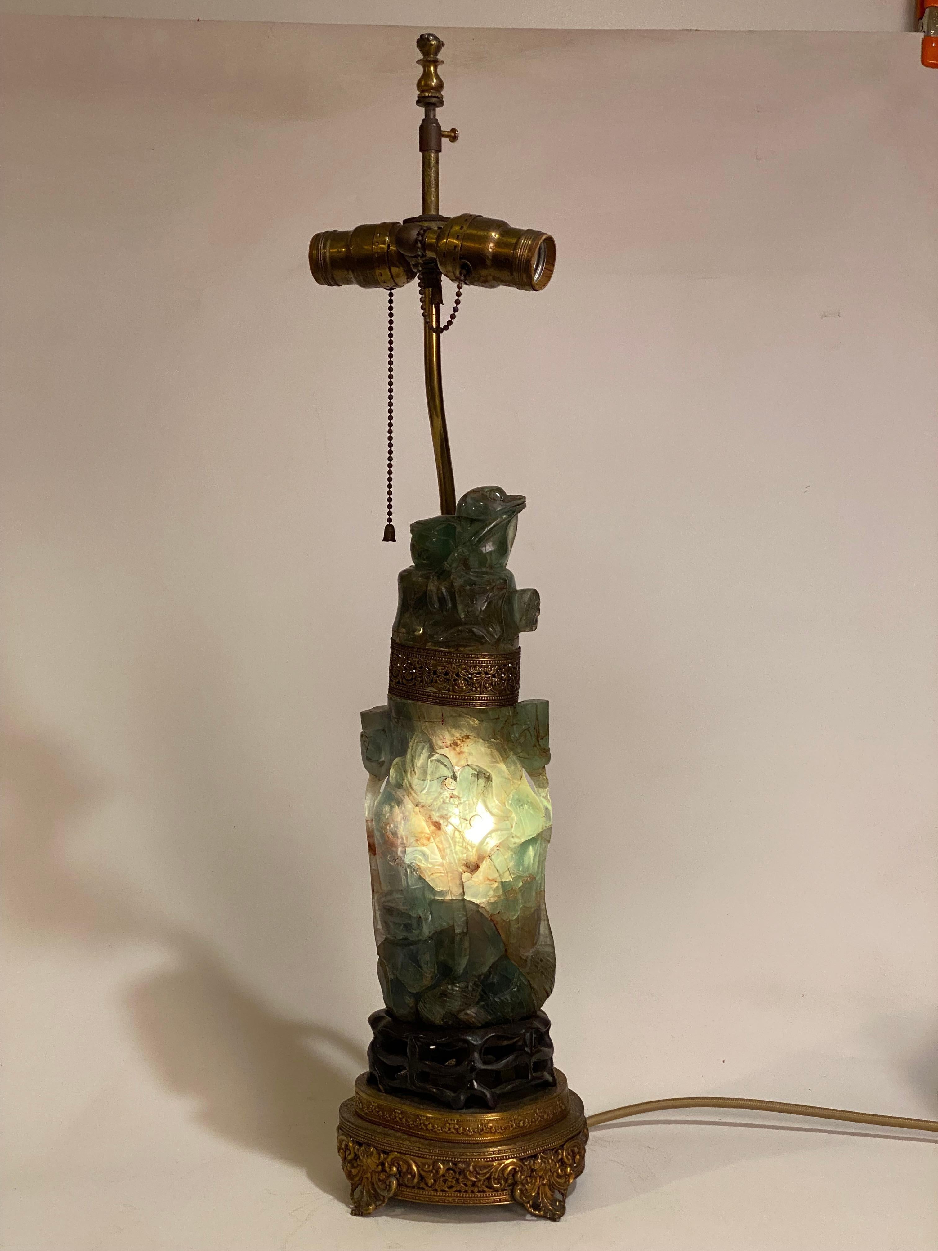 Chinese Export 1920s Heavily Carved Asian Jade Table Lamp For Sale