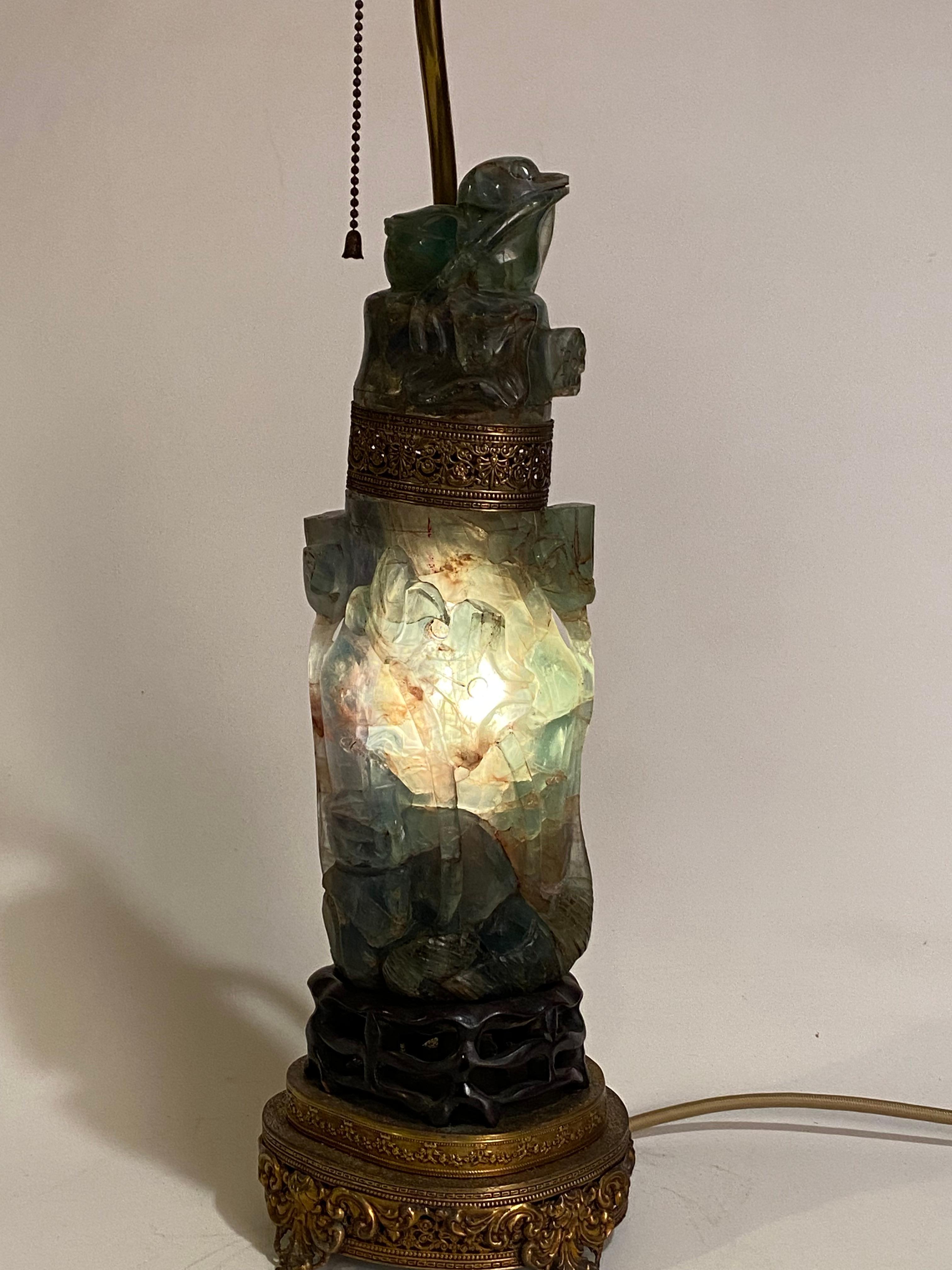 Chinese 1920s Heavily Carved Asian Jade Table Lamp For Sale