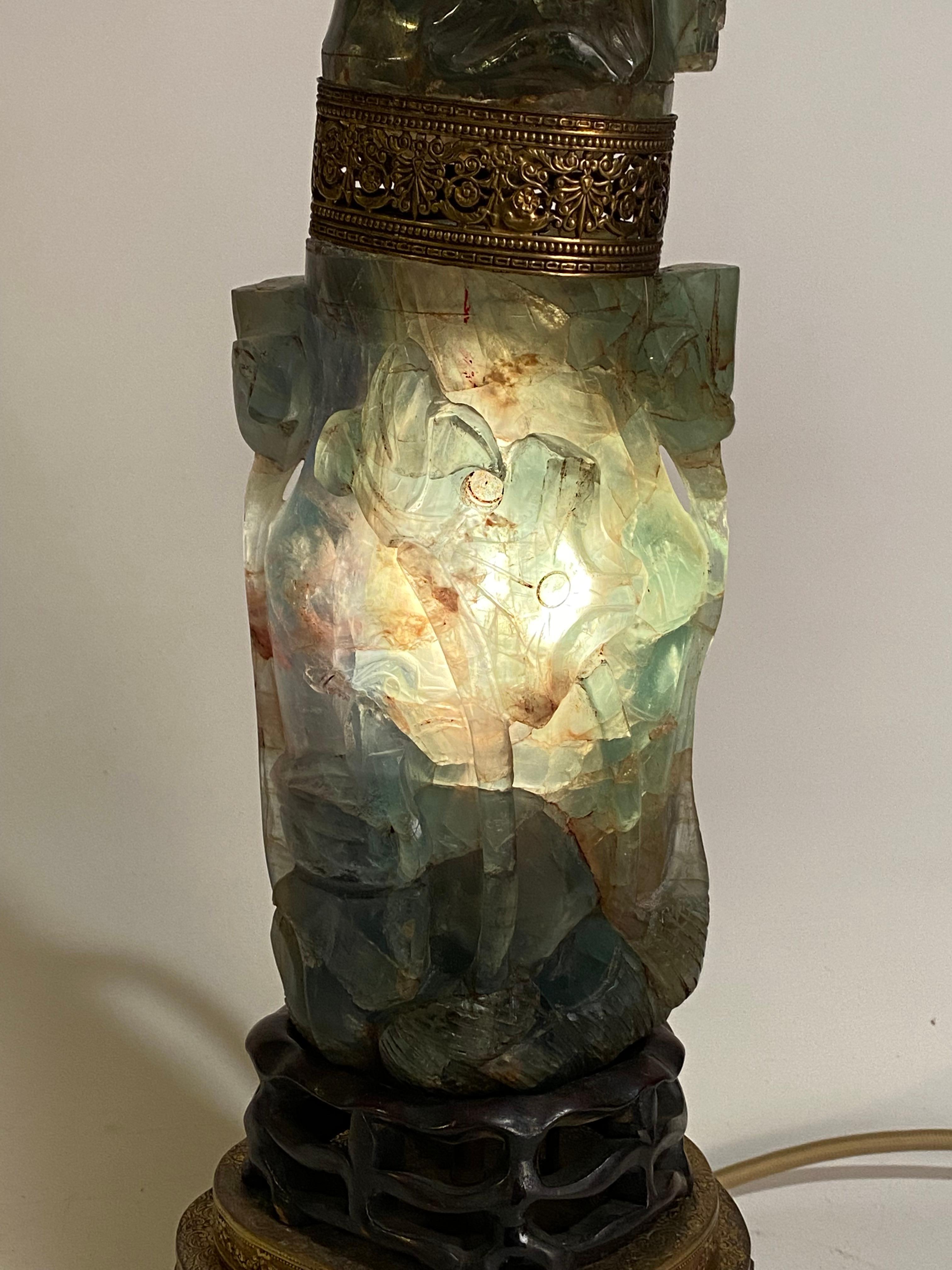 1920s Heavily Carved Asian Jade Table Lamp In Good Condition For Sale In Garnerville, NY