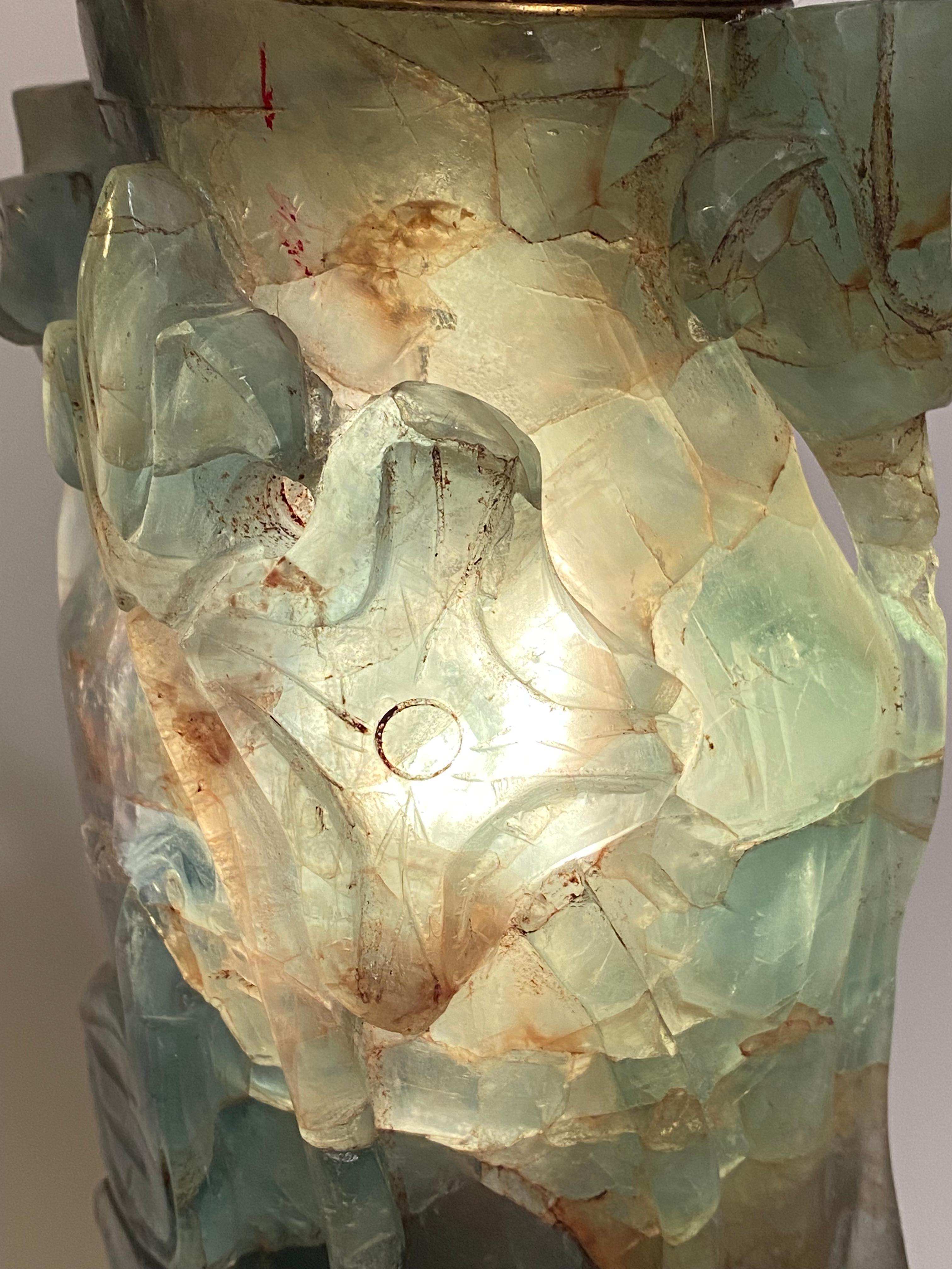 Early 20th Century 1920s Heavily Carved Asian Jade Table Lamp For Sale