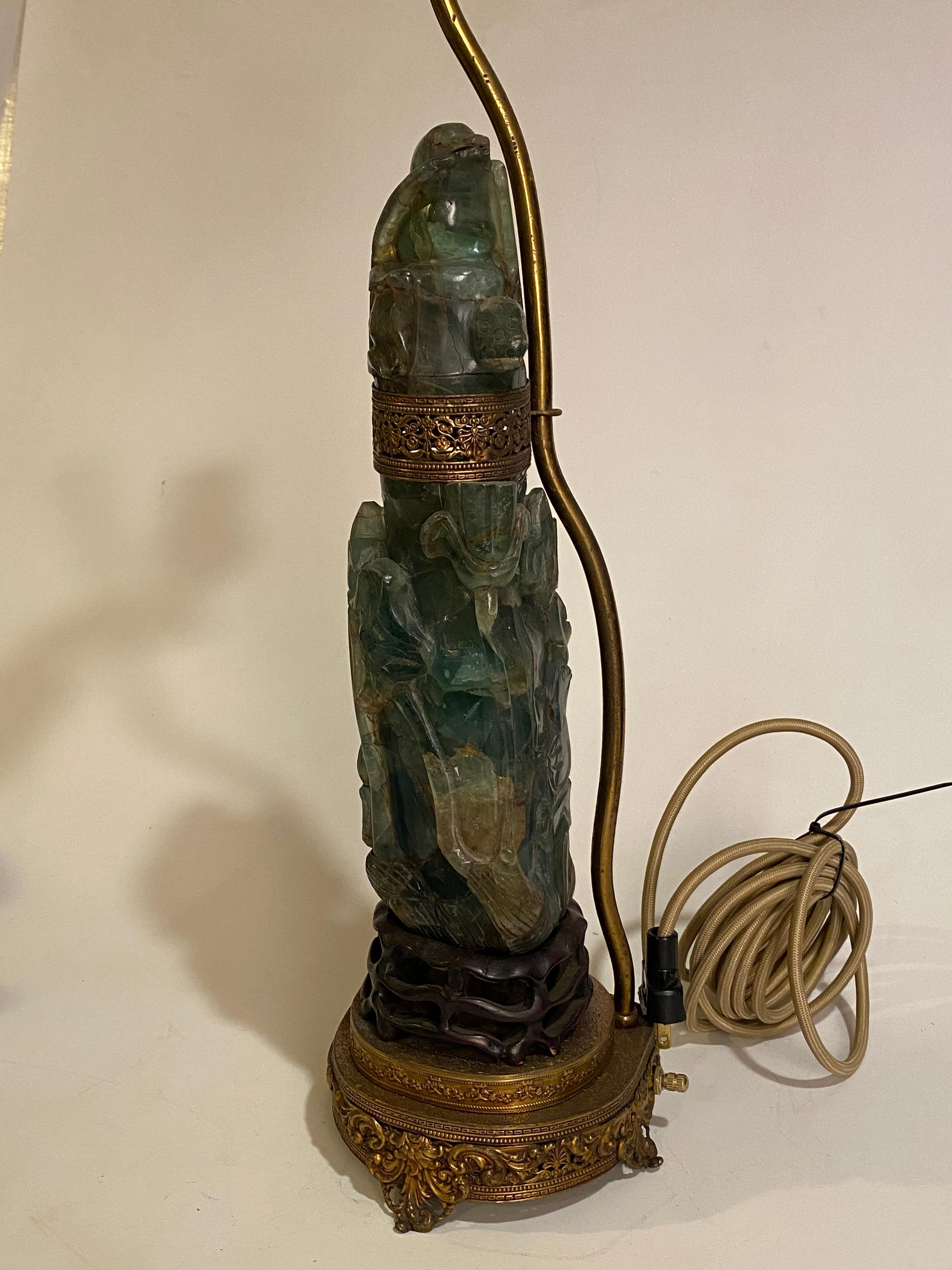 Brass 1920s Heavily Carved Asian Jade Table Lamp