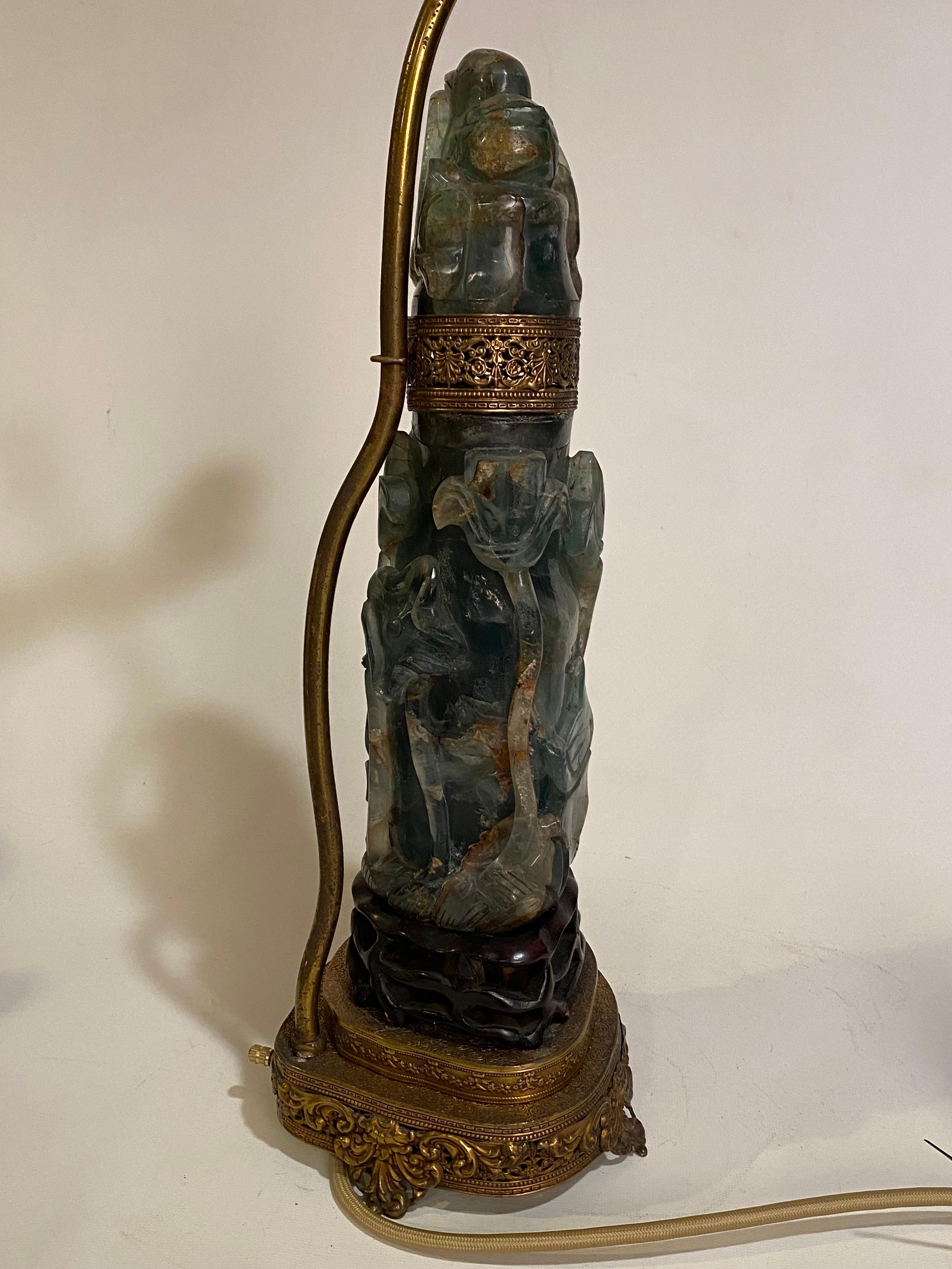 1920s Heavily Carved Asian Jade Table Lamp For Sale 1