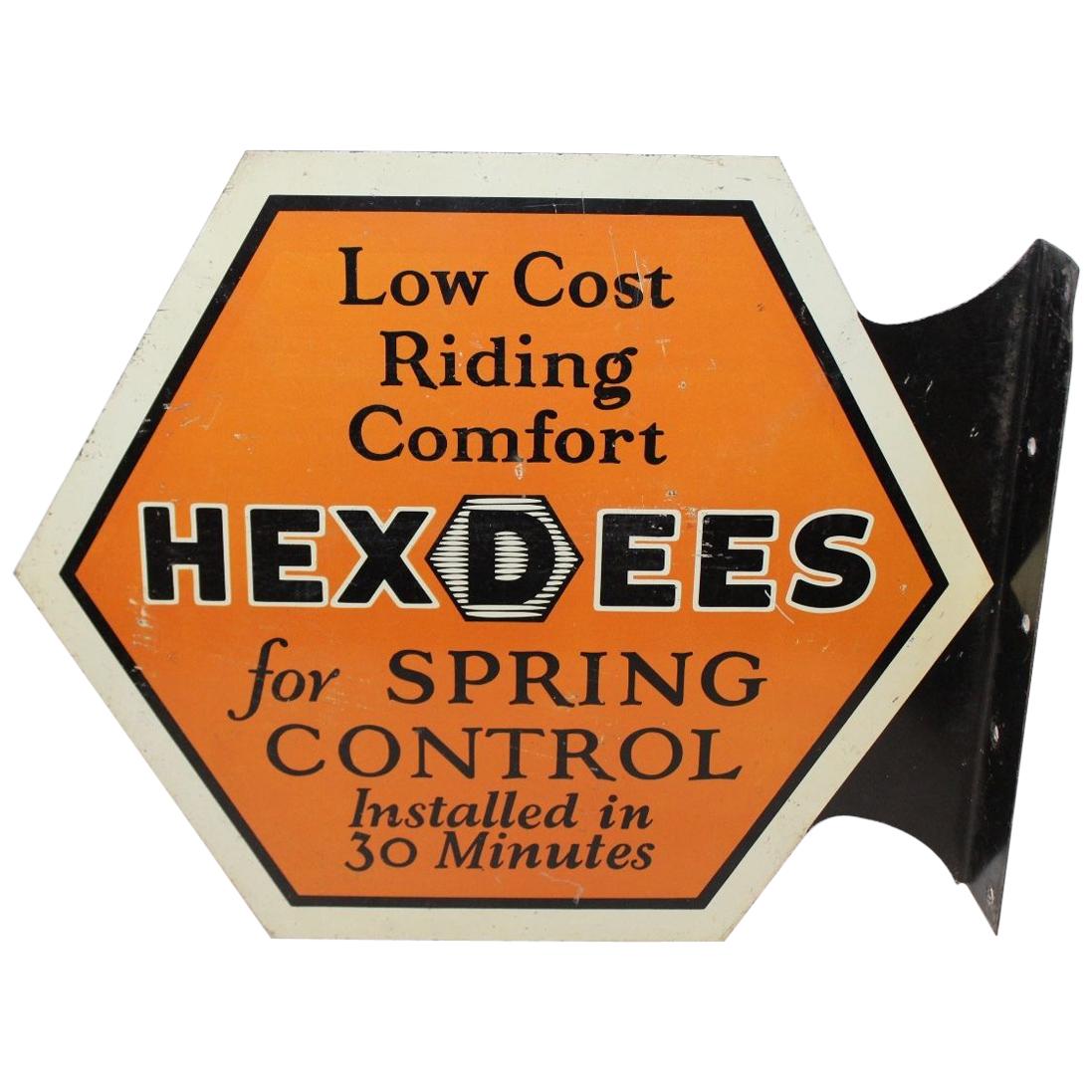 1920s HEXDEES Spring Control Vintage Double-Sided Tin Flange Sign For Sale