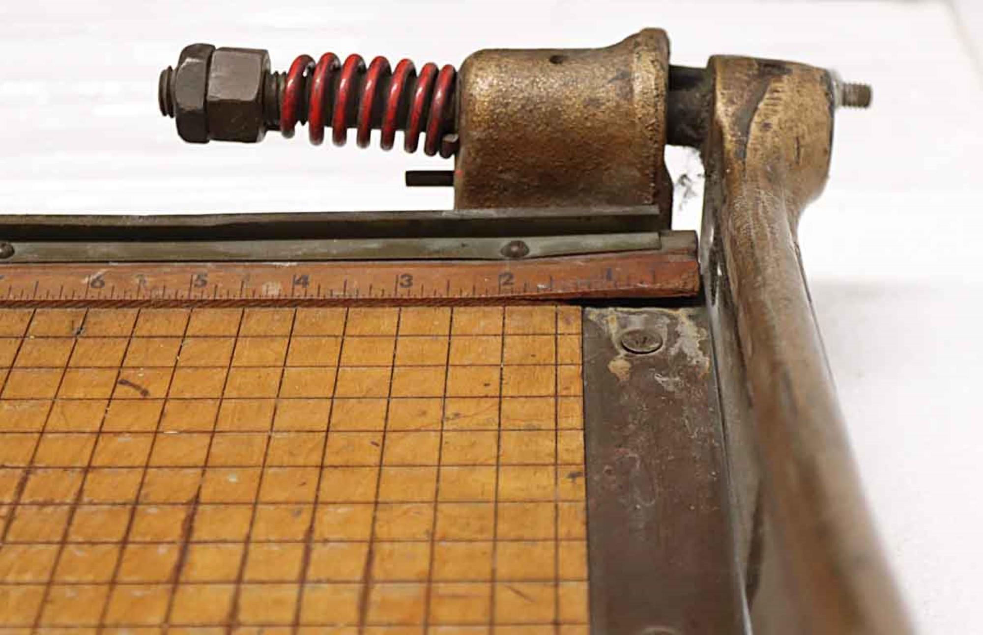 1920s High School Art Class Wood & Steel Paper Cutter with Built-In Ruler Guides 4