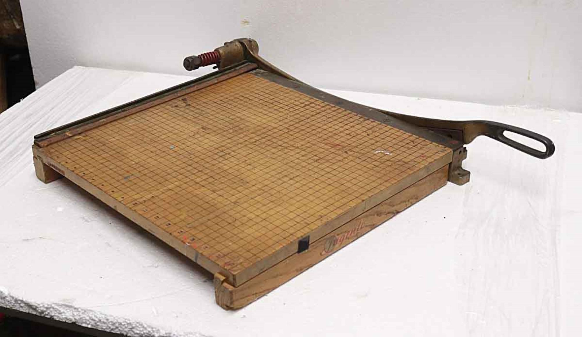 Industrial 1920s High School Art Class Wood & Steel Paper Cutter with Built-In Ruler Guides