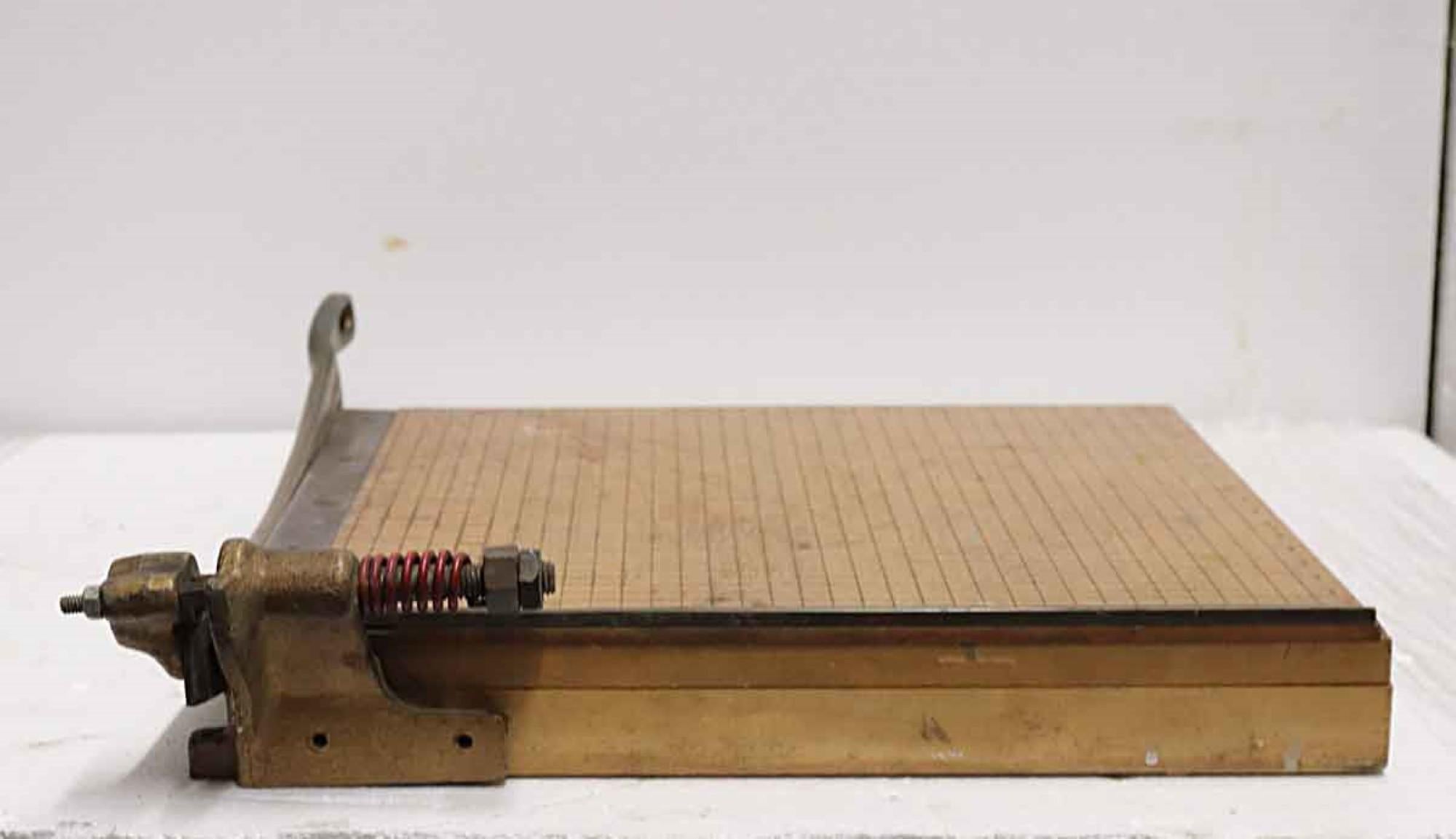 1920s High School Art Class Wood & Steel Paper Cutter with Built-In Ruler Guides 1