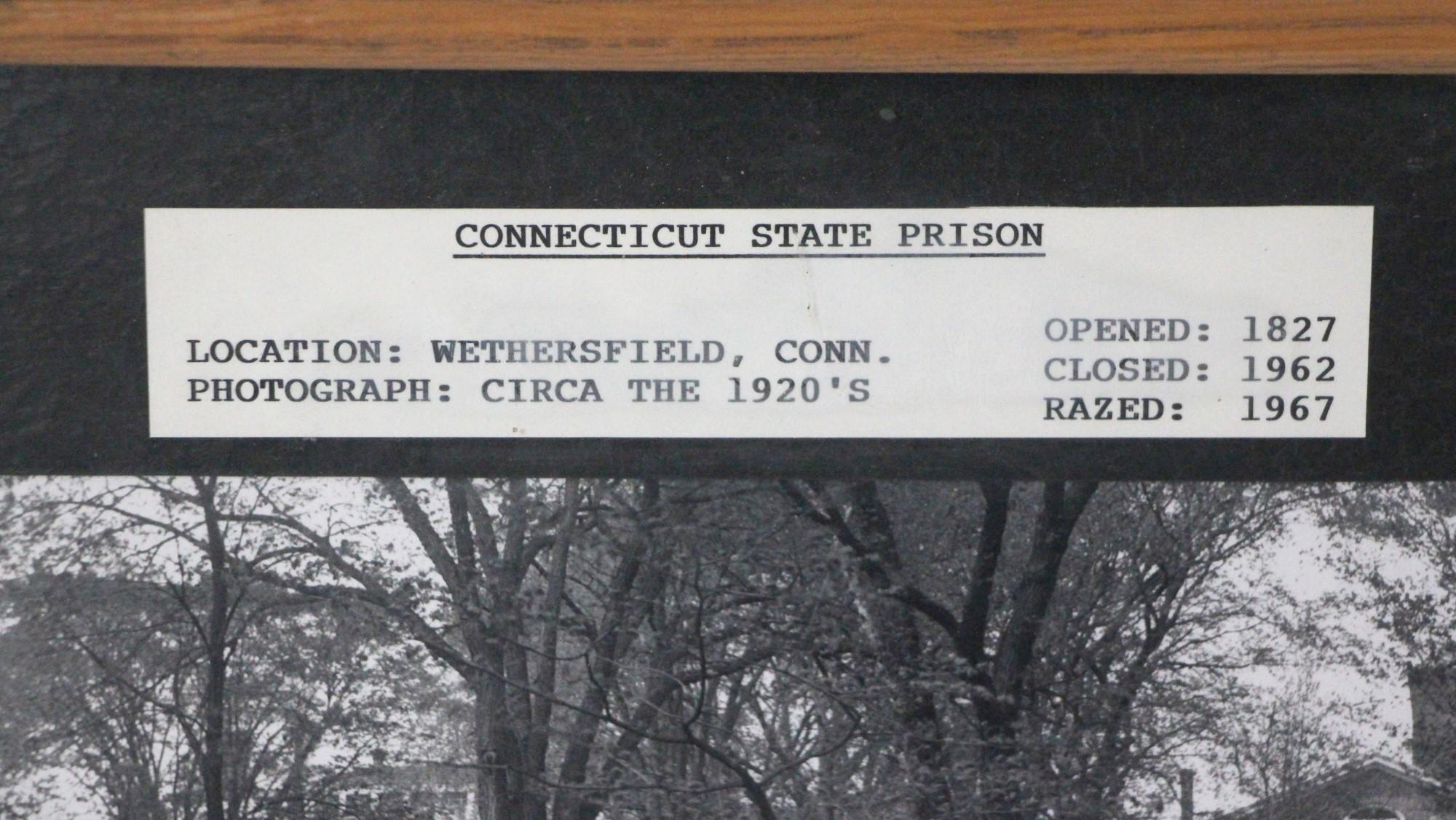 Circa 1920s. framed antique picture taken of the Connecticut State Prison. The Prison was opened in 1827 and was closed 1962. It also shows the 