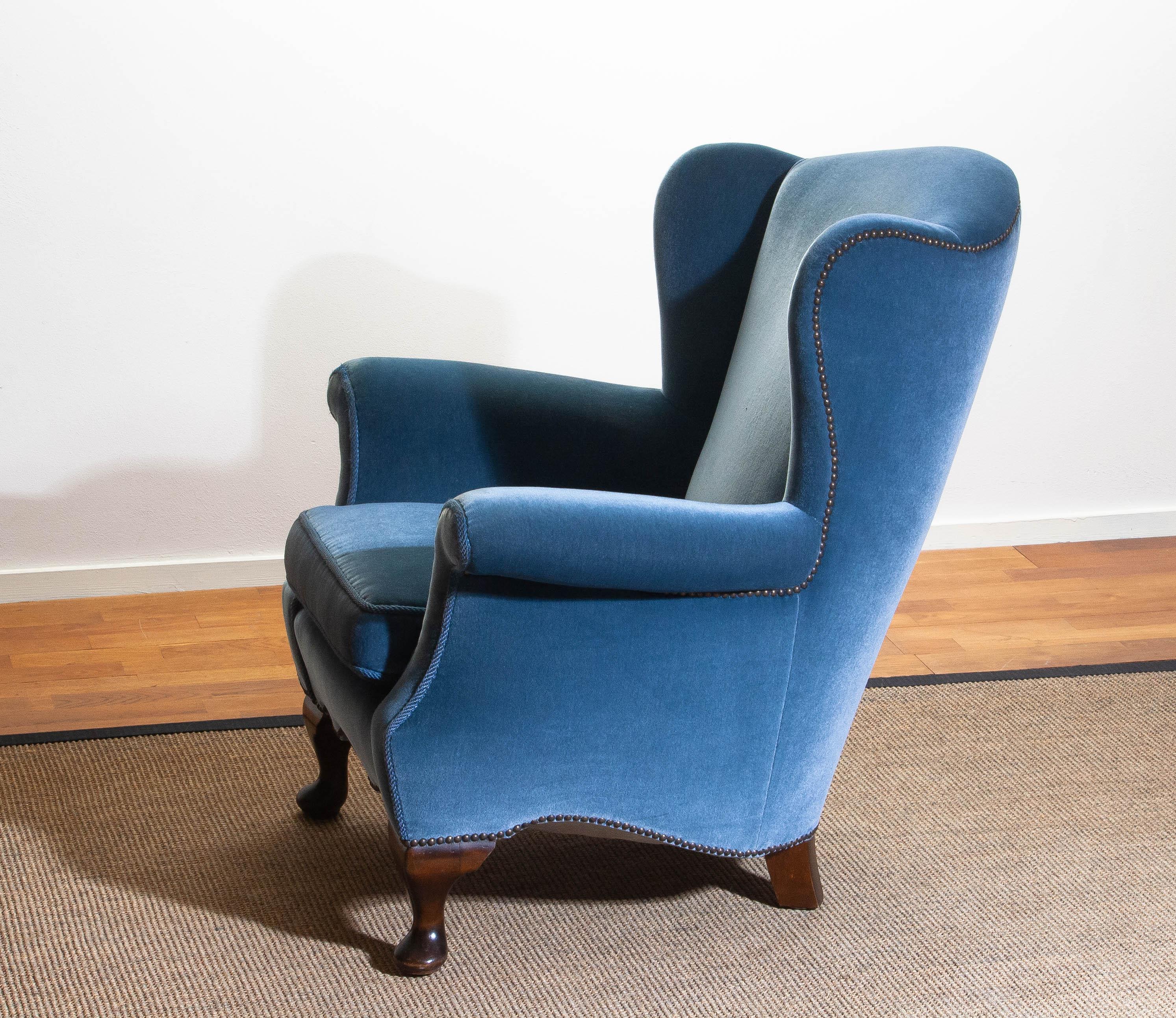 Swedish 1920s, Hollywood Regency Blue Velvet Wingback Club Lounge Armchair, Sweden