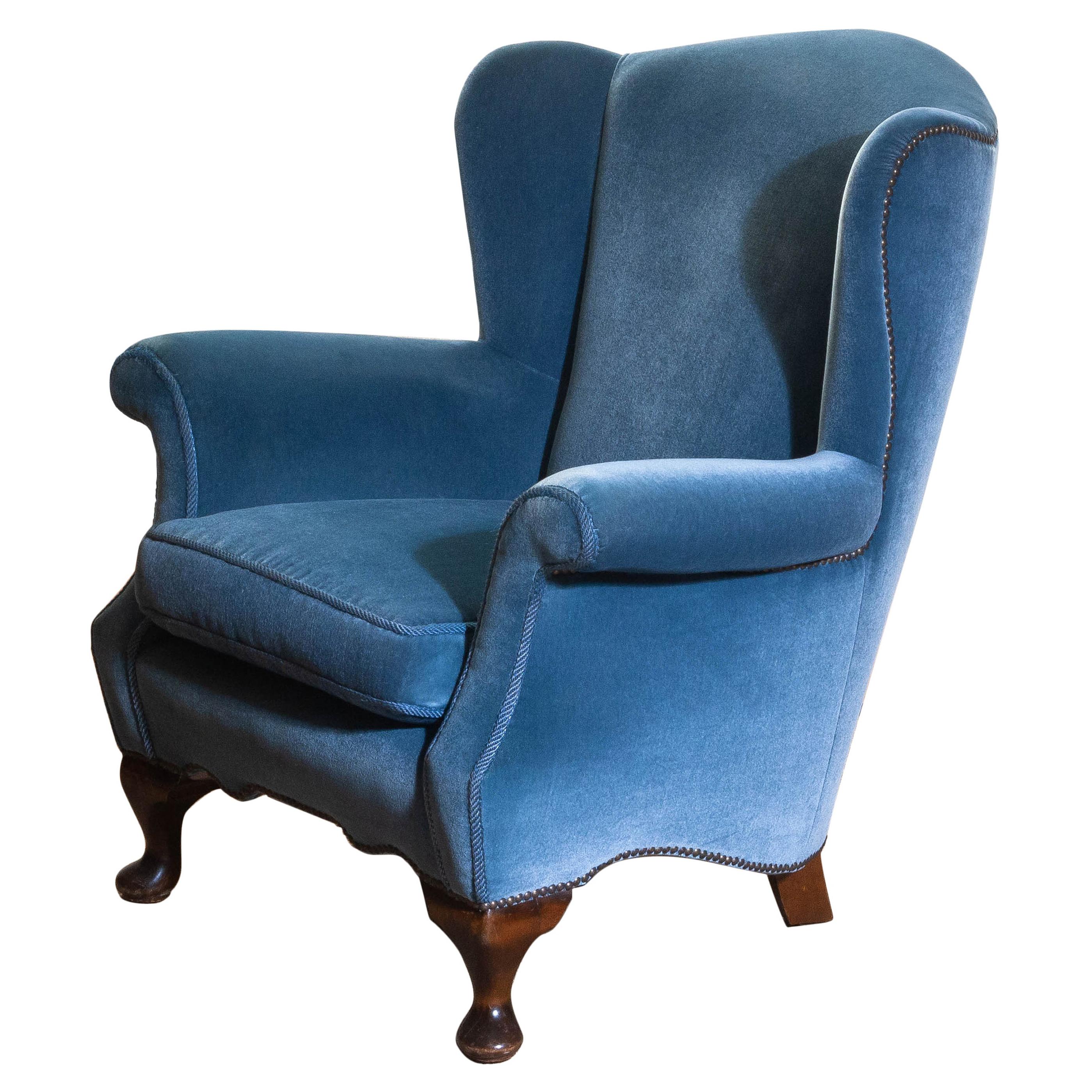 Swedish 1920s, Hollywood Regency Blue Velvet Wingback Club Lounge Armchair, Sweden