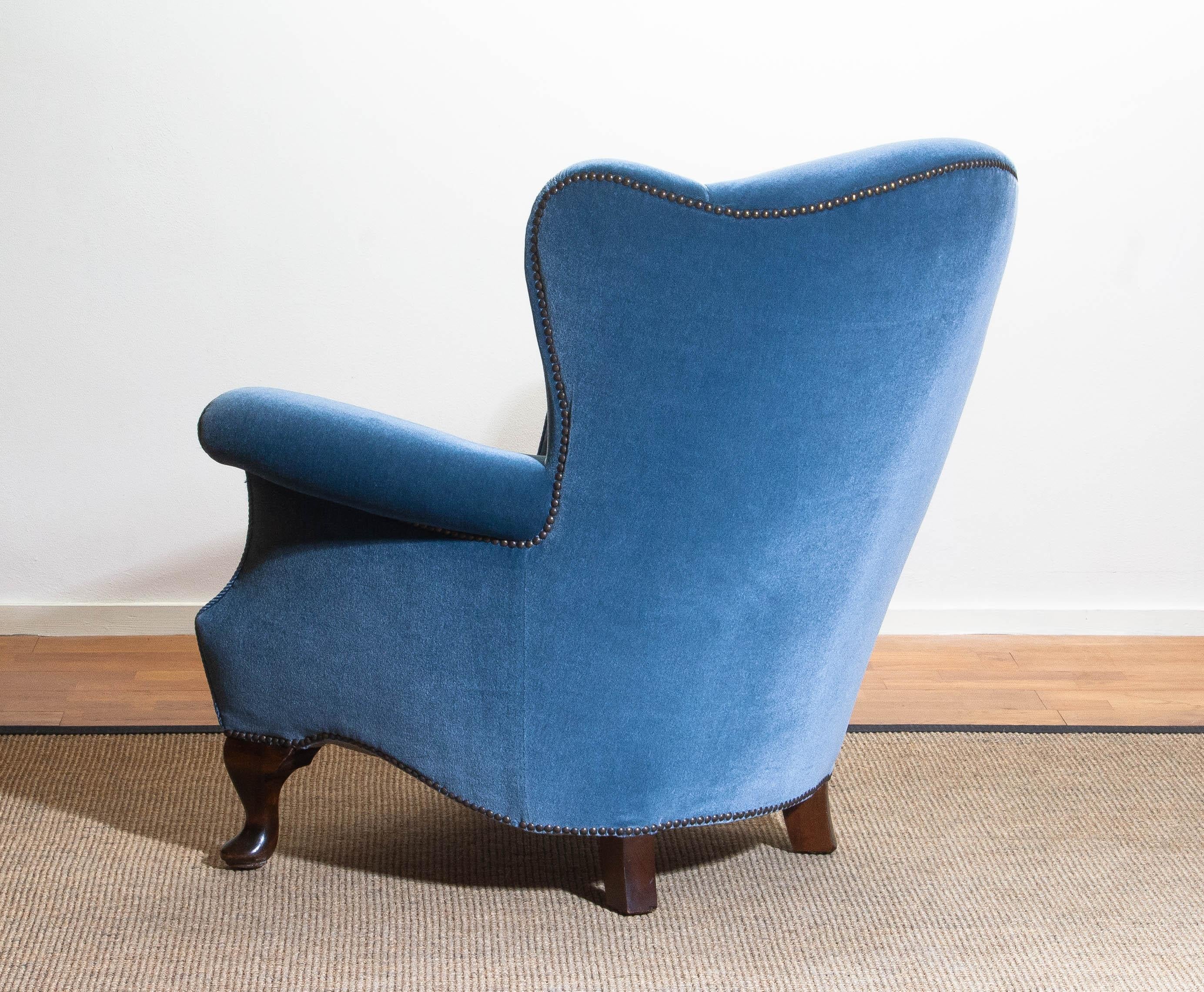 Swedish 1920s, Hollywood Regency Blue Velvet Wingback Club Lounge Armchair, Sweden