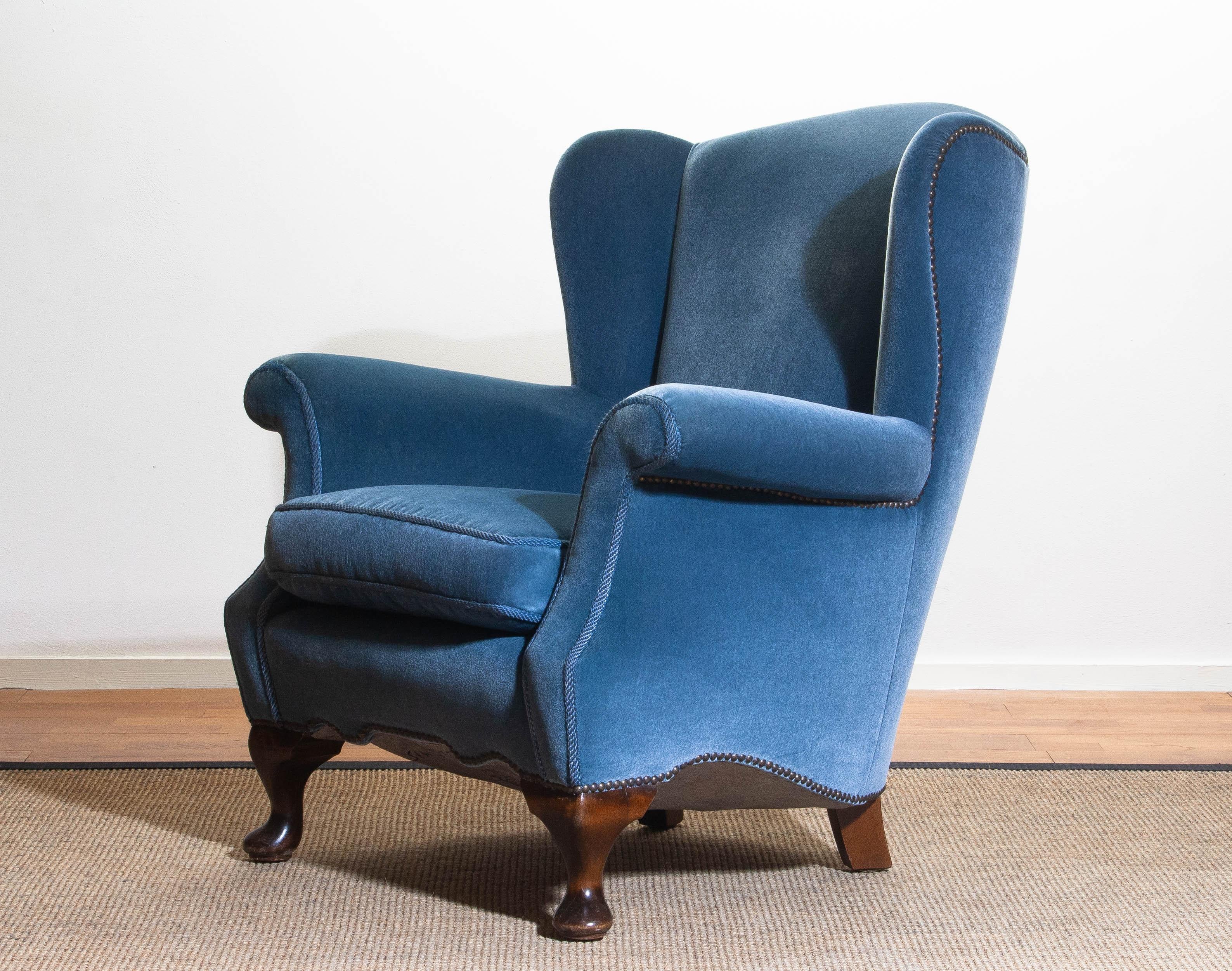 Early 20th Century 1920s, Hollywood Regency Blue Velvet Wingback Club Lounge Armchair, Sweden