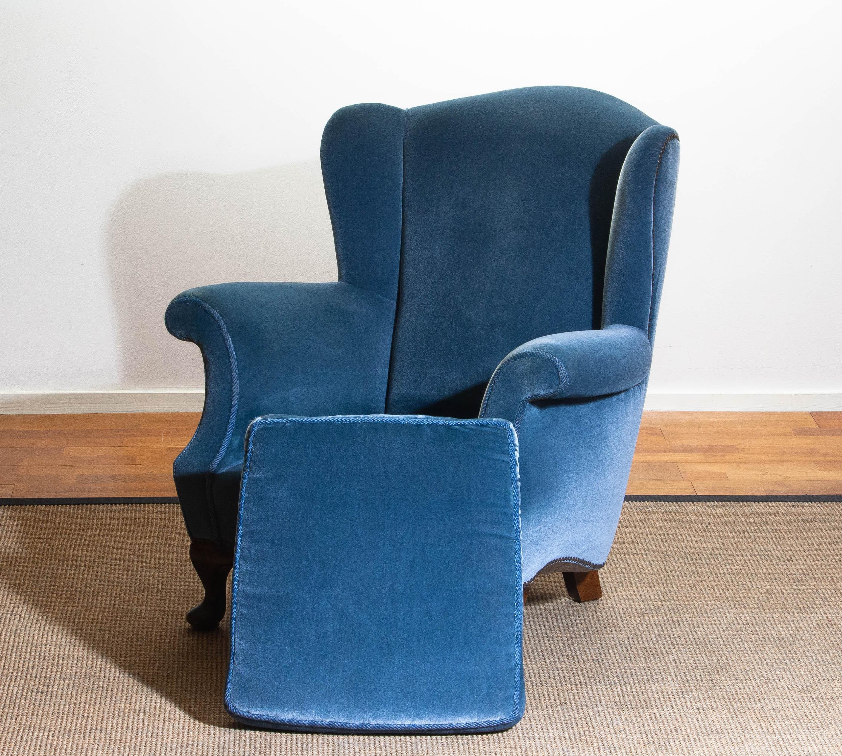 1920s, Hollywood Regency Blue Velvet Wingback Club Lounge Armchair, Sweden 3