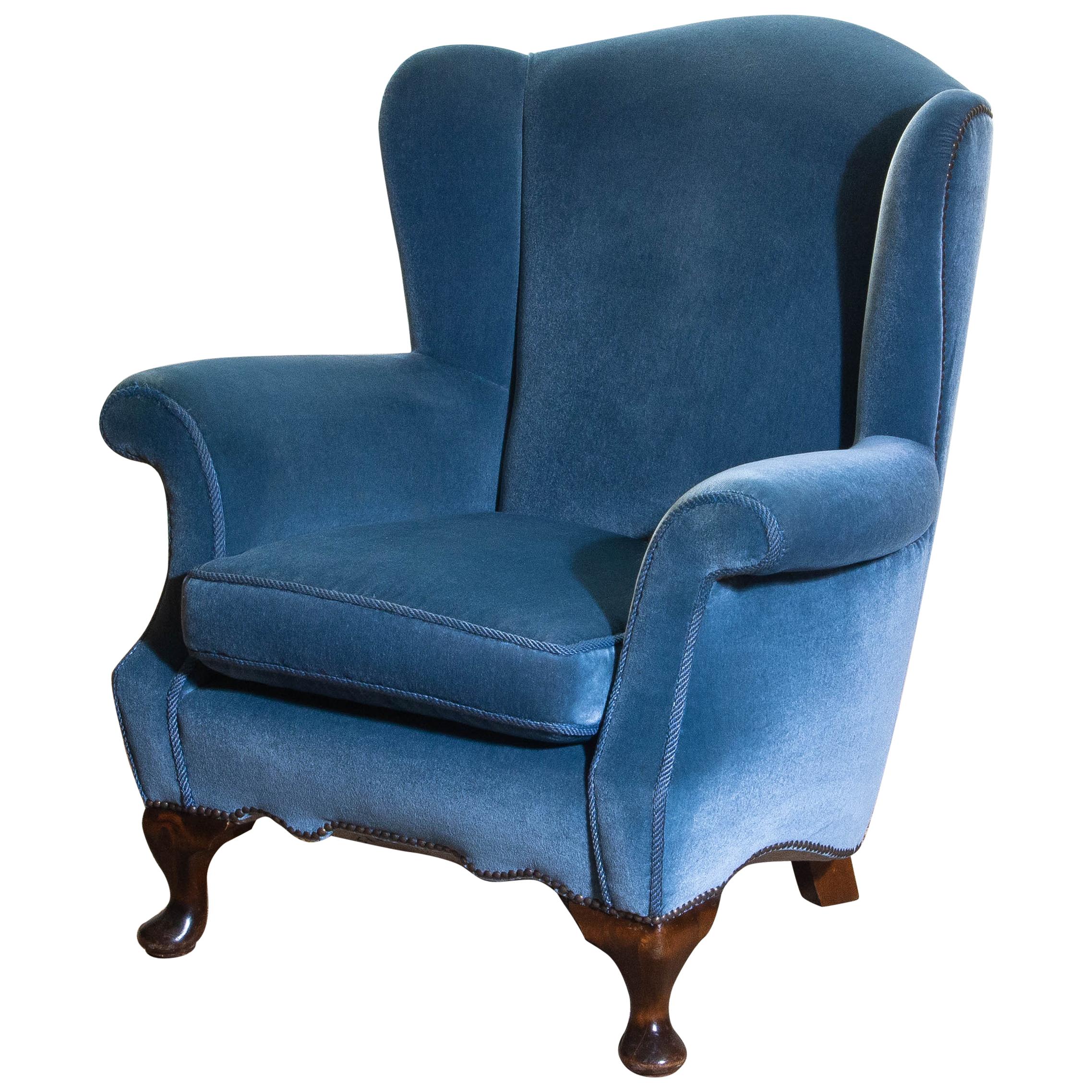 1920s, Hollywood Regency Blue Velvet Wingback Club Lounge Armchair, Sweden 4