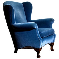1920s, Hollywood Regency Blue Velvet Wingback Club Lounge Armchair, Sweden
