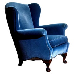 1920s, Hollywood Regency Blue Velvet Wingback Club Lounge Armchair, Sweden