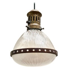 1920s Holophane Pendant Lamp in Striated Glass and Brass
