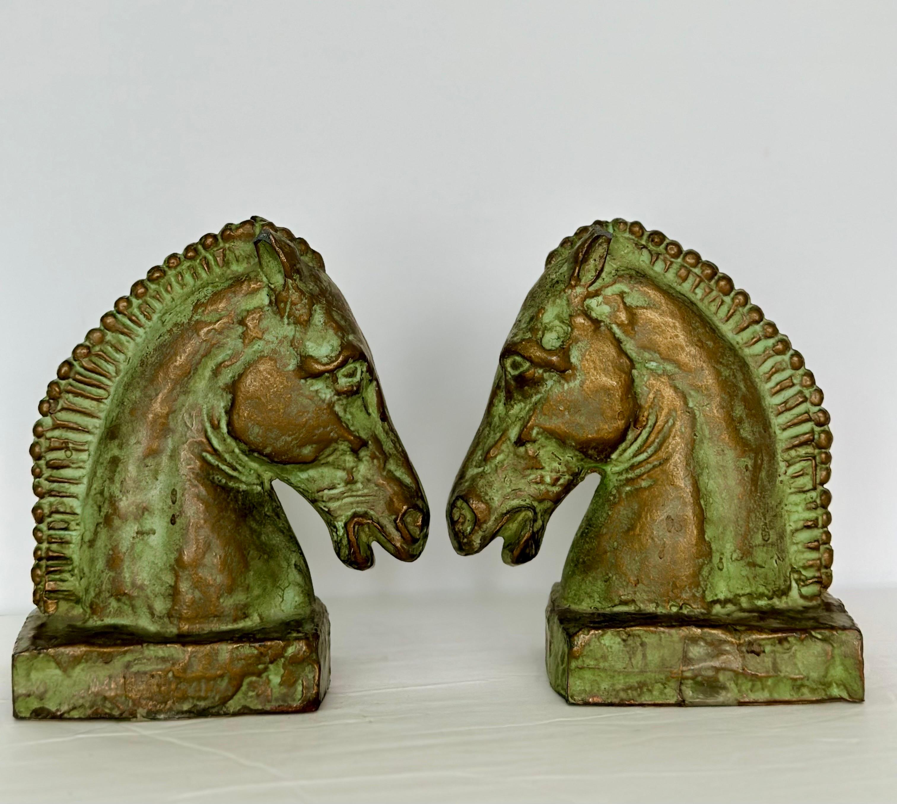 Art Deco 1920s Horse Heads Green Copper Bookends – a Pair  