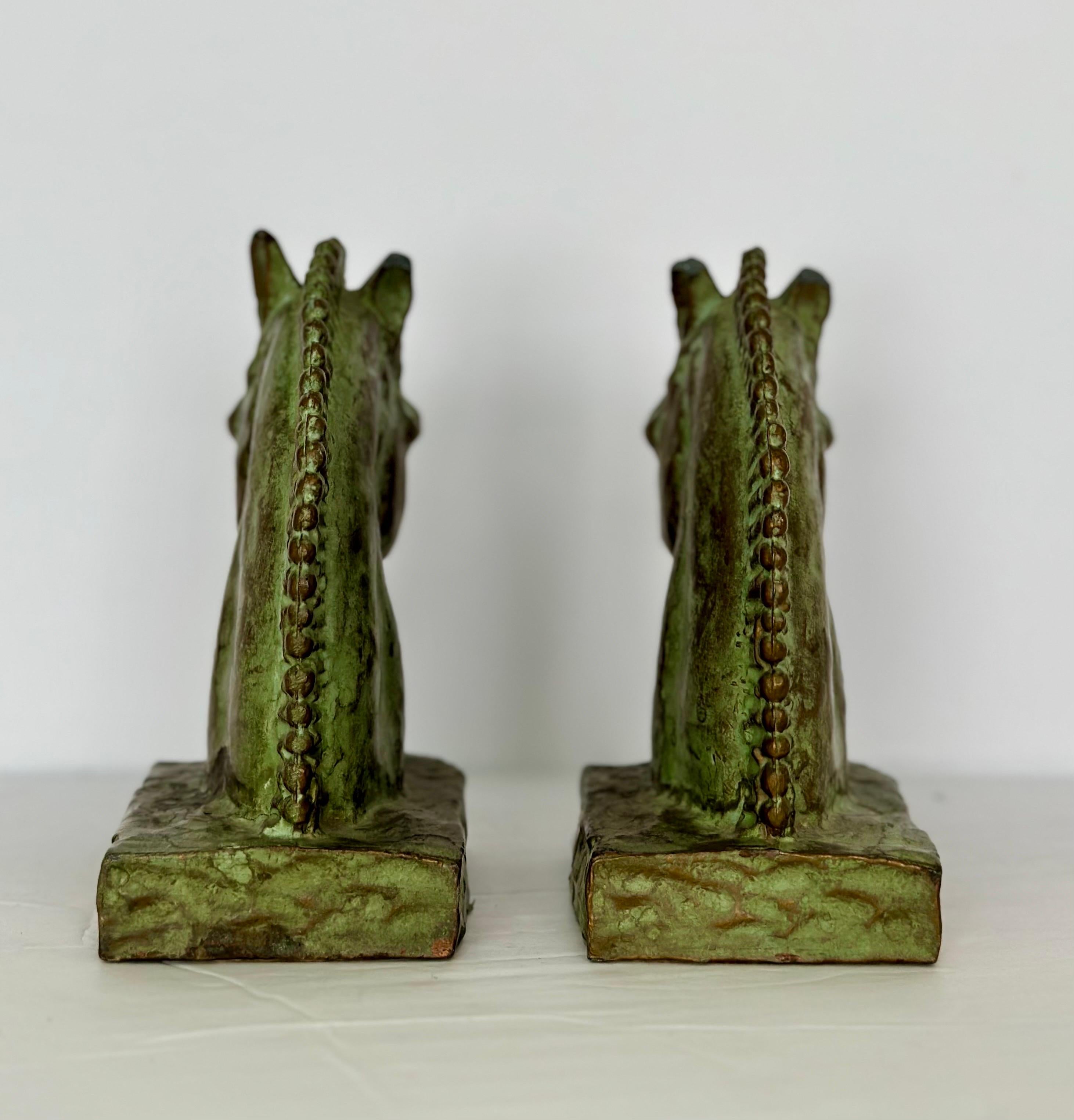 American 1920s Horse Heads Green Copper Bookends – a Pair  