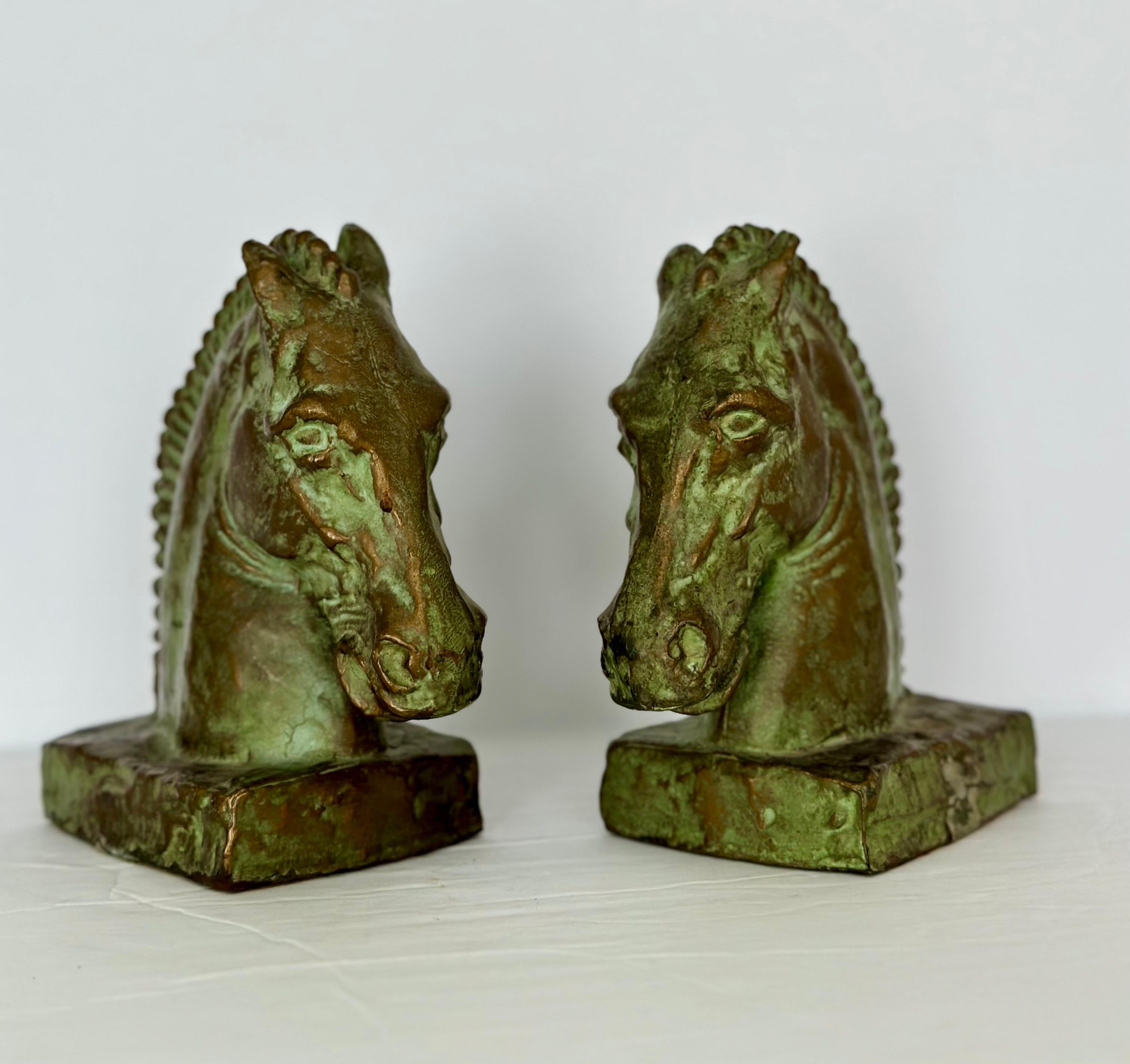 1920s Horse Heads Green Copper Bookends – a Pair   In Good Condition In Farmington Hills, MI