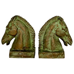 Antique 1920s Horse Heads Green Copper Bookends – a Pair