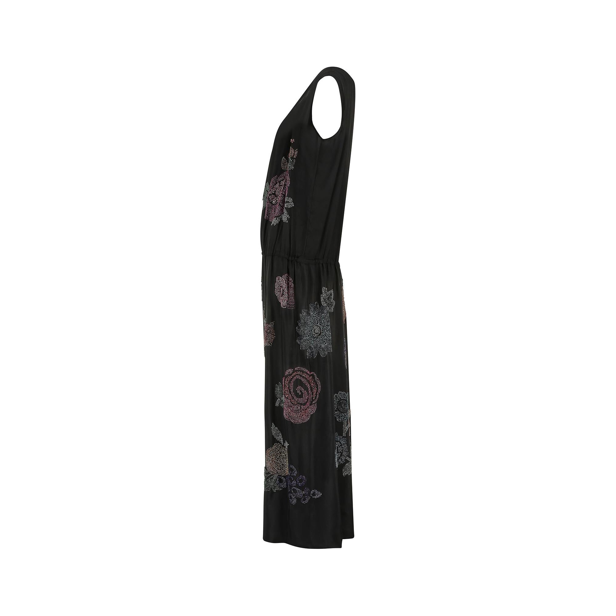 1920s House of Adair Floral Black Crepe Beaded Flapper Dress Excellent état - En vente à London, GB