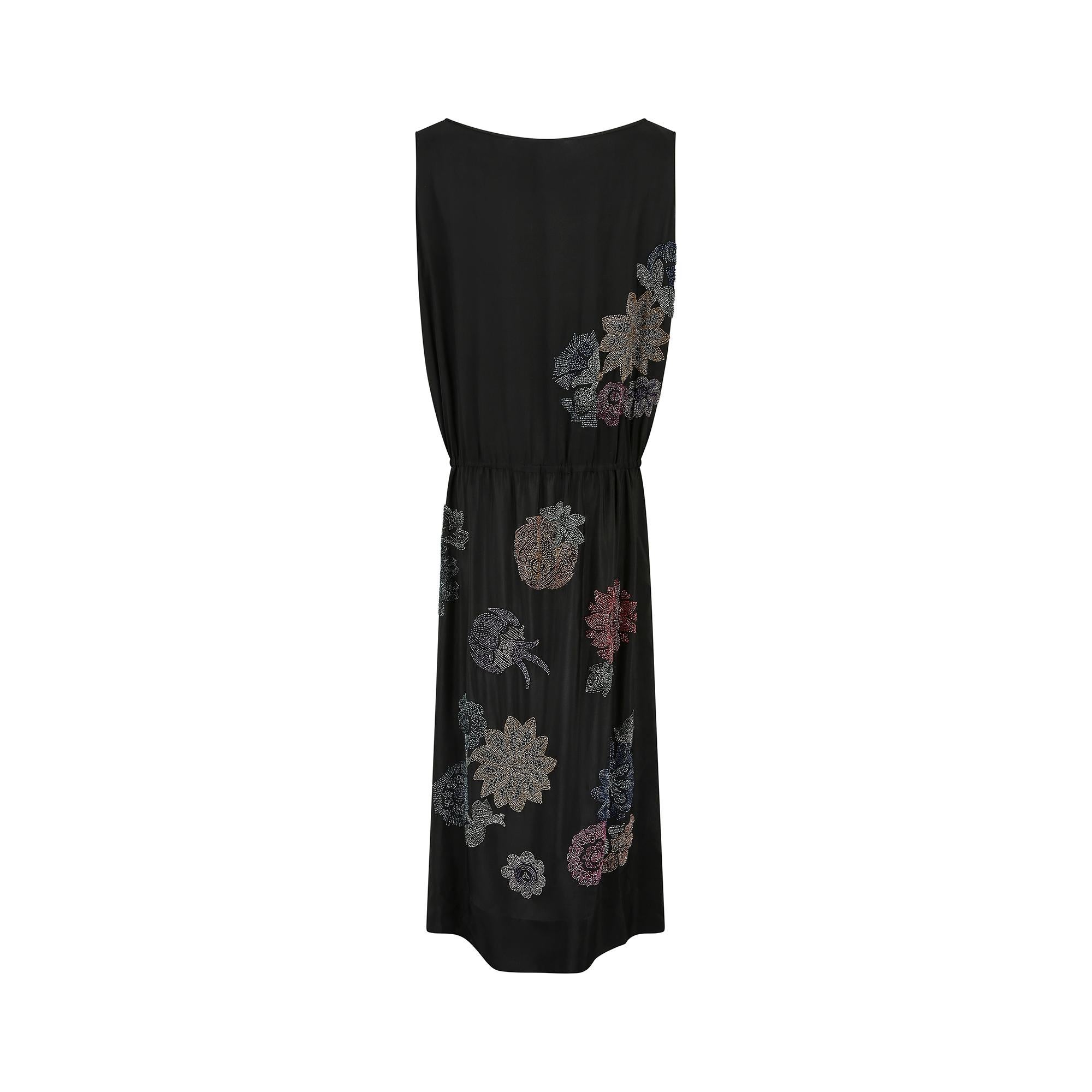 1920s House of Adair Floral Black Crepe Beaded Flapper Dress Pour femmes en vente