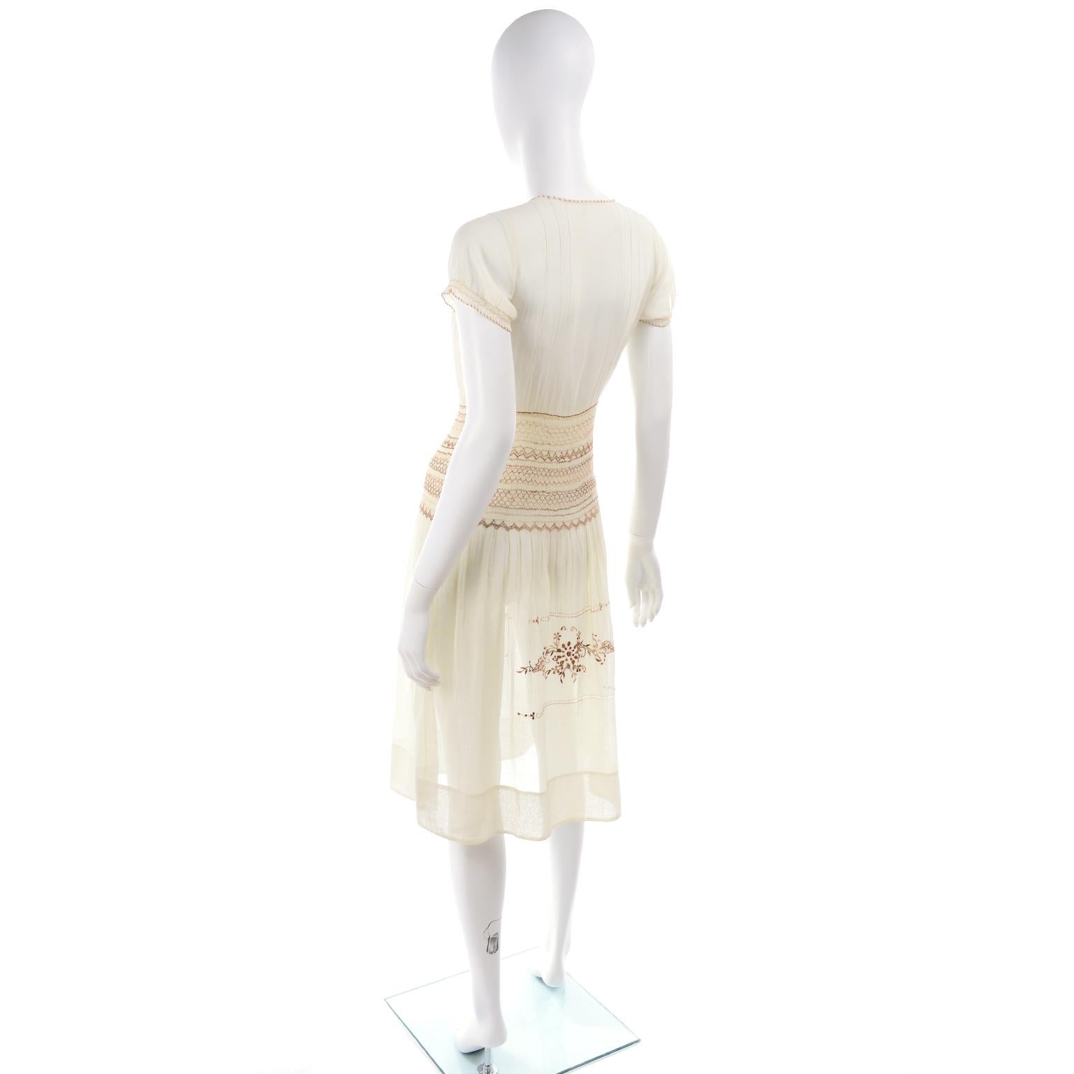 Beige 1920s Hungarian Peasant Embroidered Cream Cotton Dress w Smock Pleating For Sale
