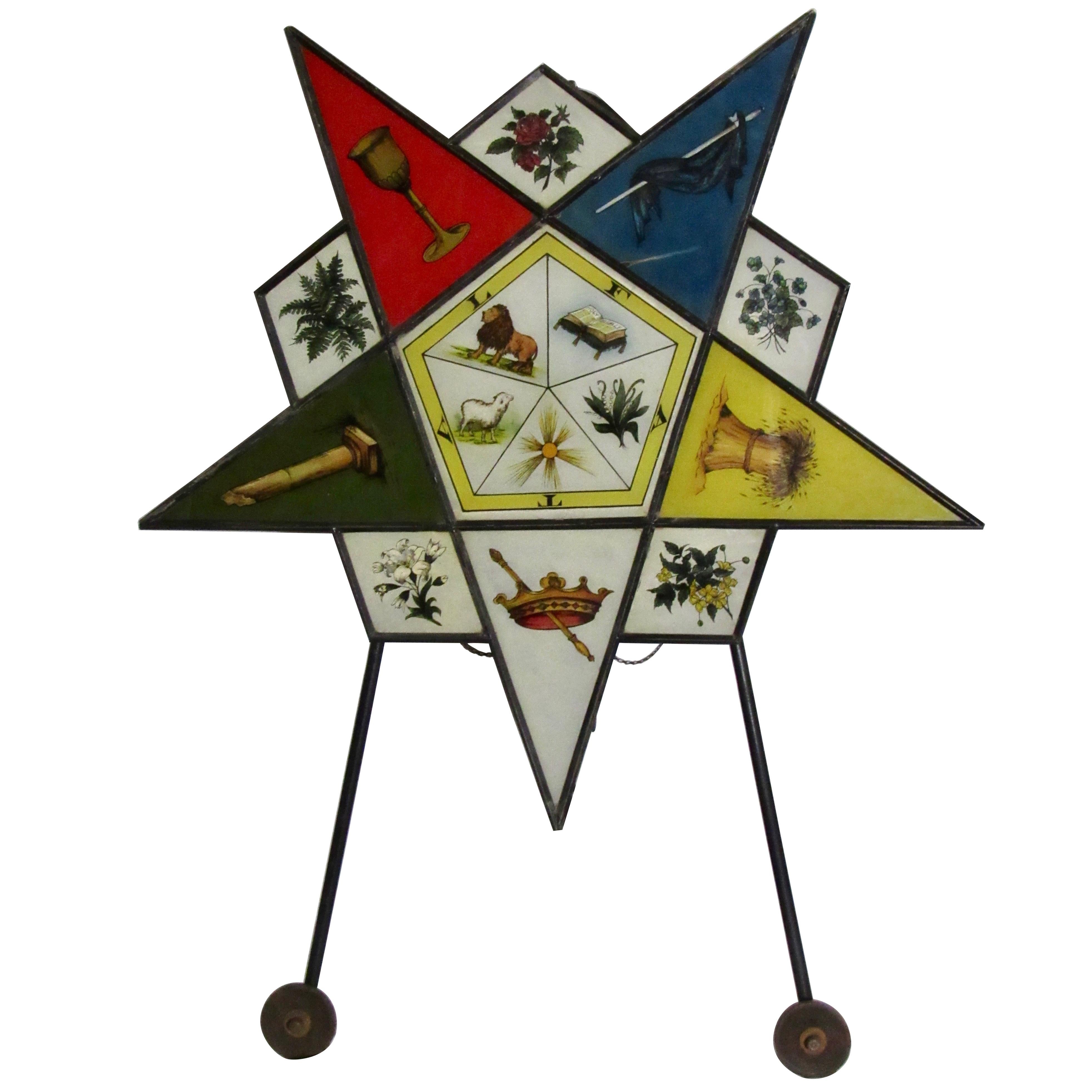 Reverse Painted Glass Sign 1920s Illuminated Star Masonic Temple Eastern Star