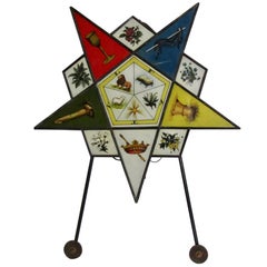 Reverse Painted Glass Sign 1920s Illuminated Star Masonic Temple Eastern Star