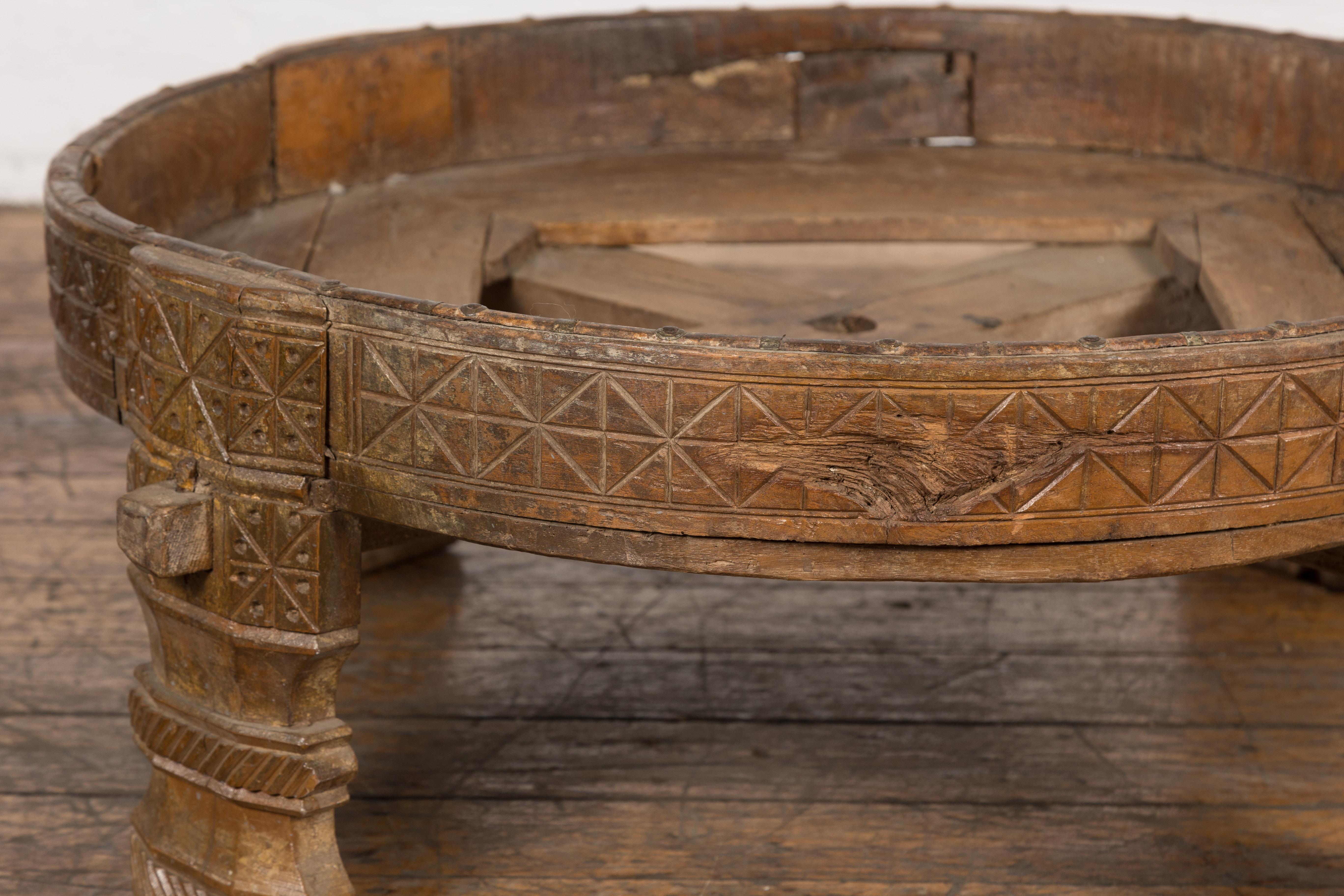 Tribal 1920s Indian Antique Chakki Grinding Table with Hand-Carved Geometric Décor For Sale