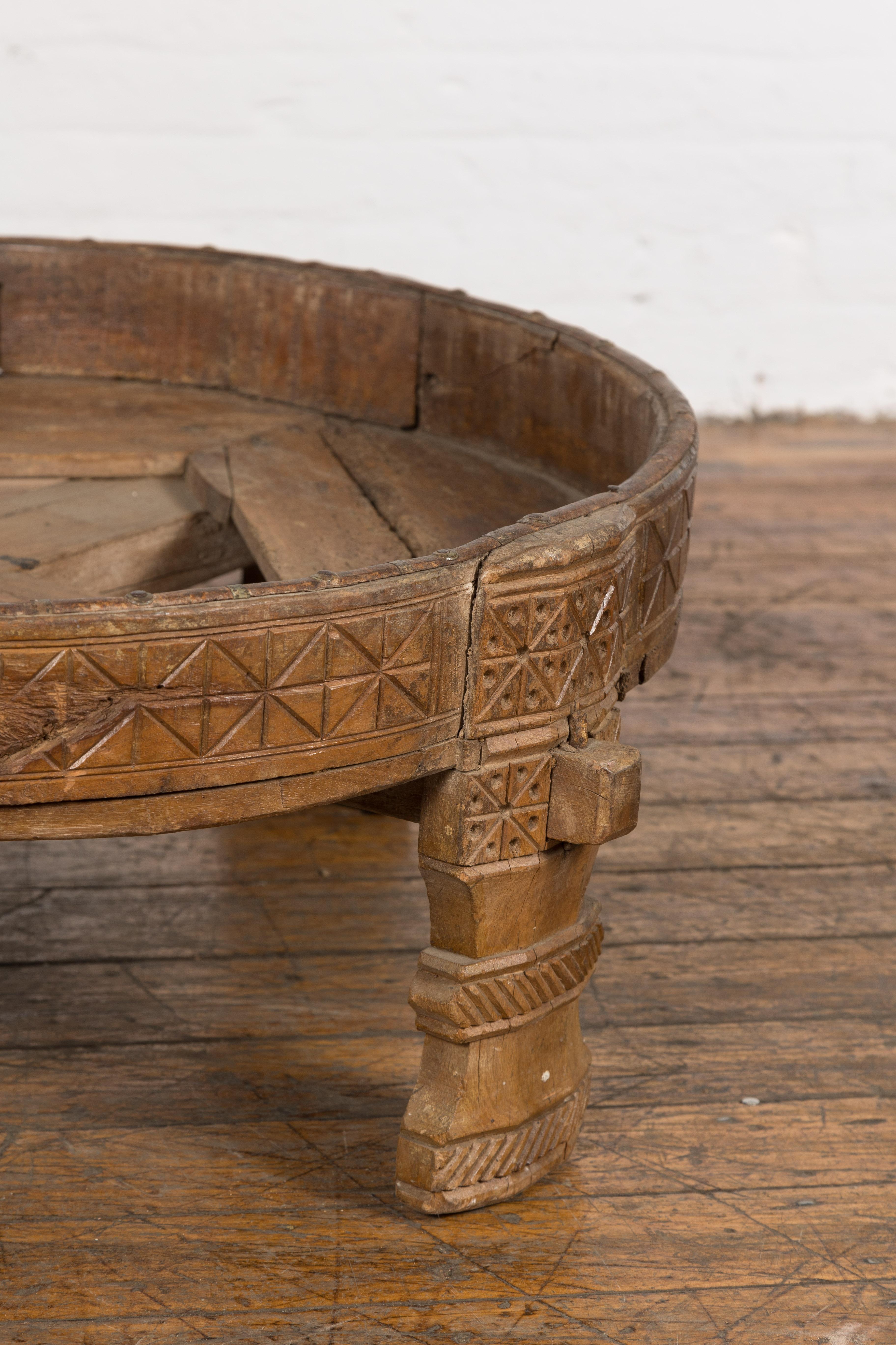 20th Century 1920s Indian Antique Chakki Grinding Table with Hand-Carved Geometric Décor For Sale