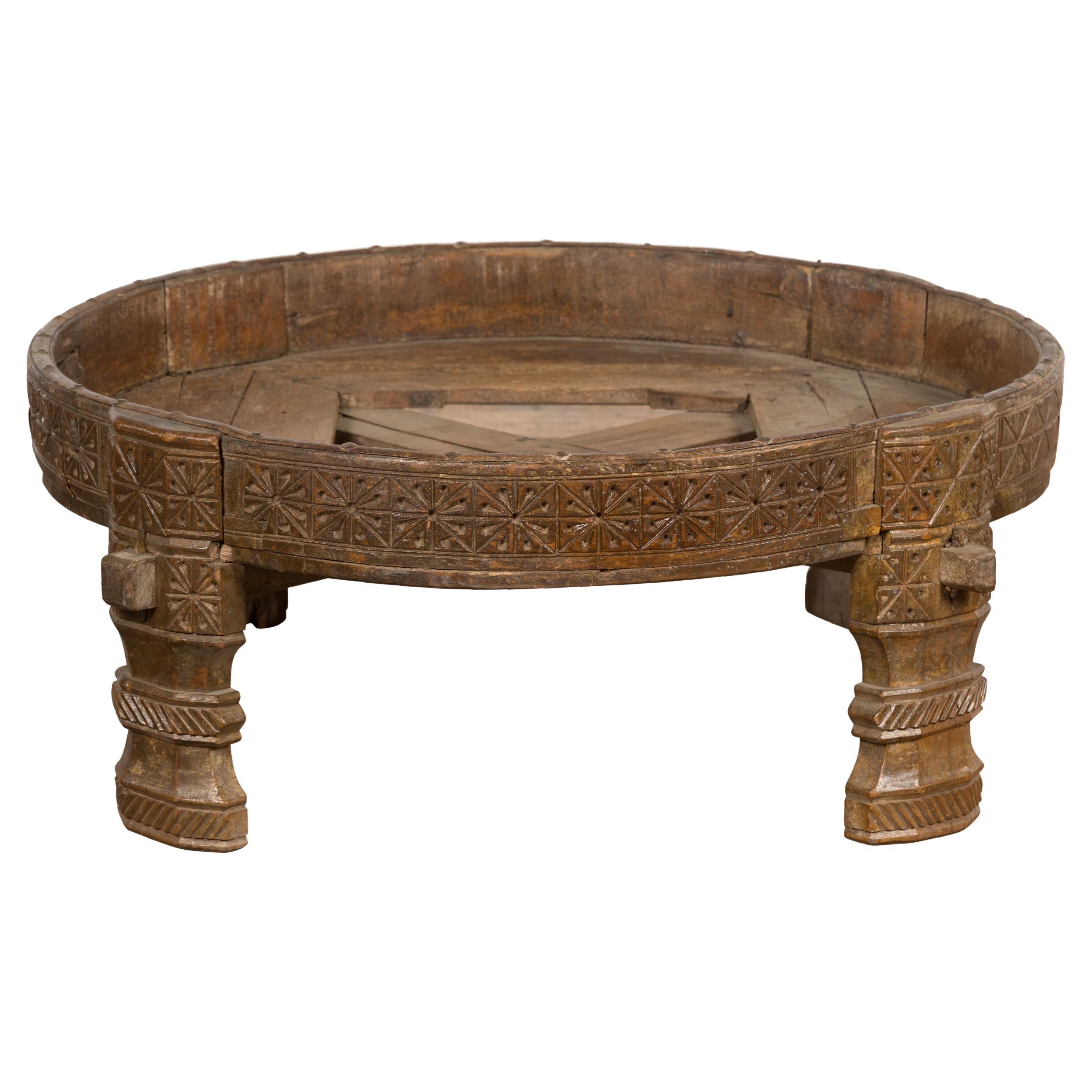 1920s Indian Antique Chakki Grinding Table with Hand-Carved Geometric Décor