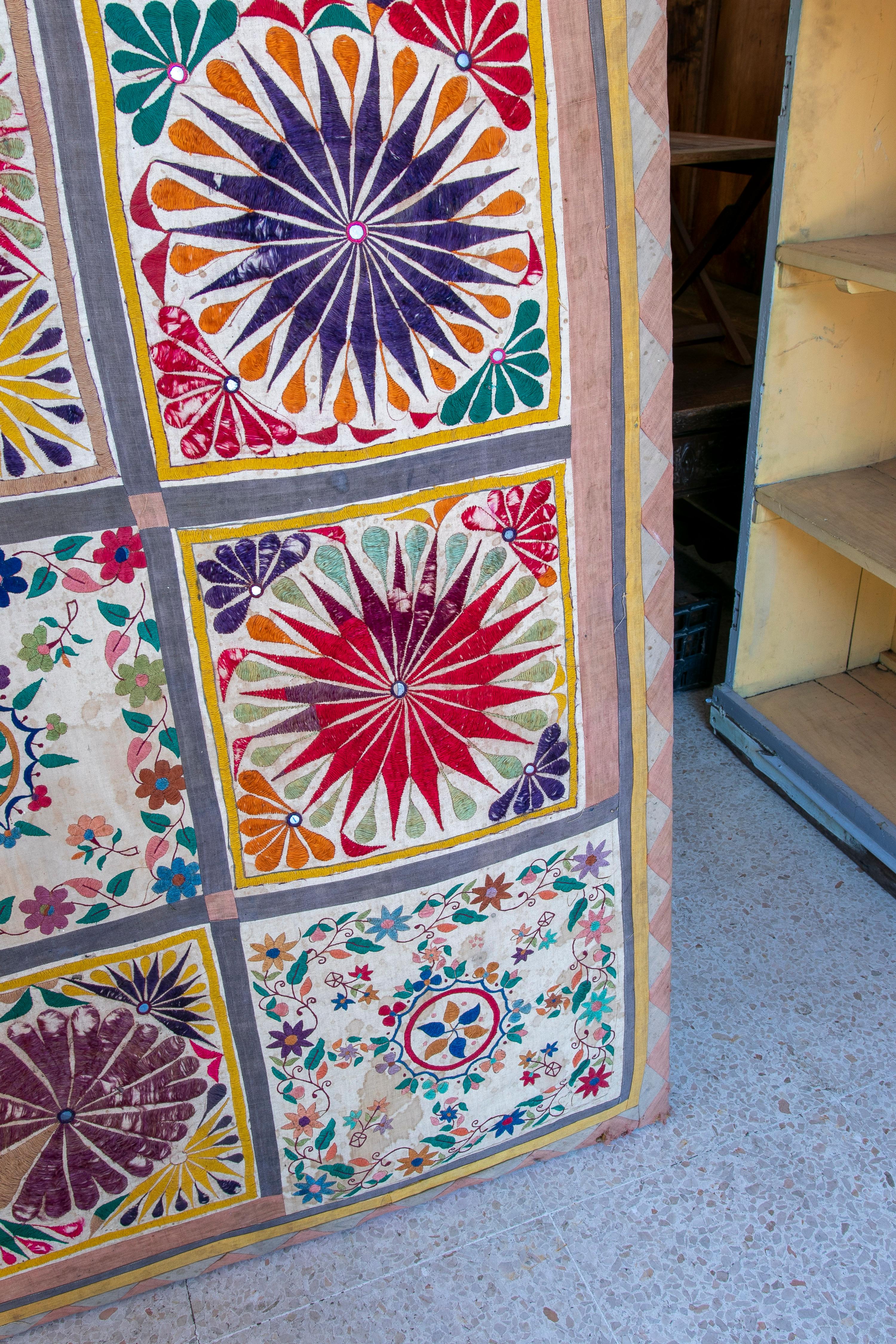 1920s Indian Embroidered Panel Silk Tapestry w/ Geometric Pattern & Wooden Frame For Sale 4