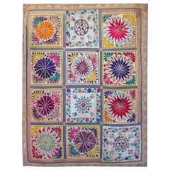 1920s Indian Embroidered Panel Silk Tapestry w/ Geometric Pattern & Wooden Frame