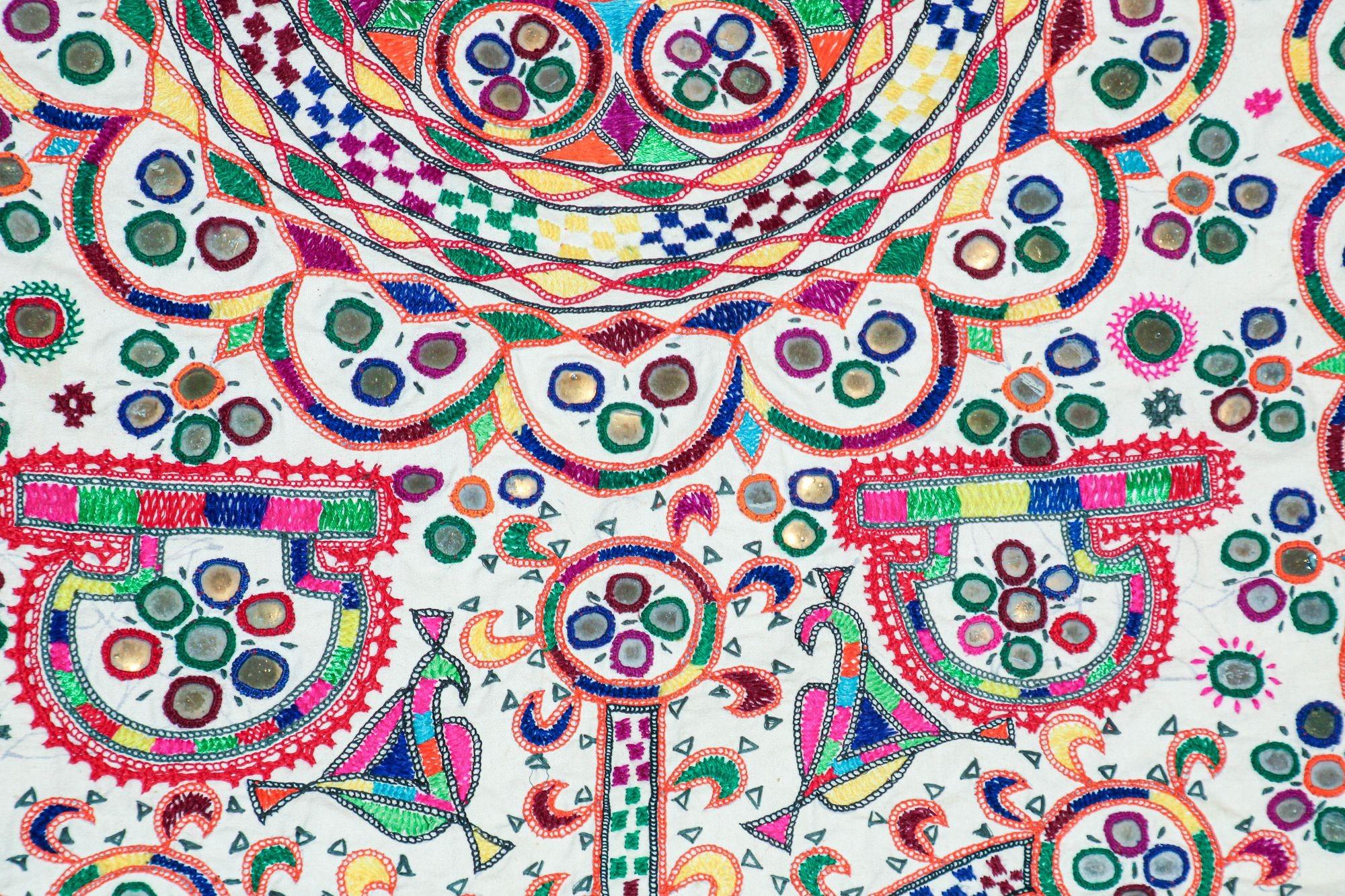 1920's Indian Gujarati Rabari Kutch Silk Embroidered Ethnic Textile with Mirror For Sale 2