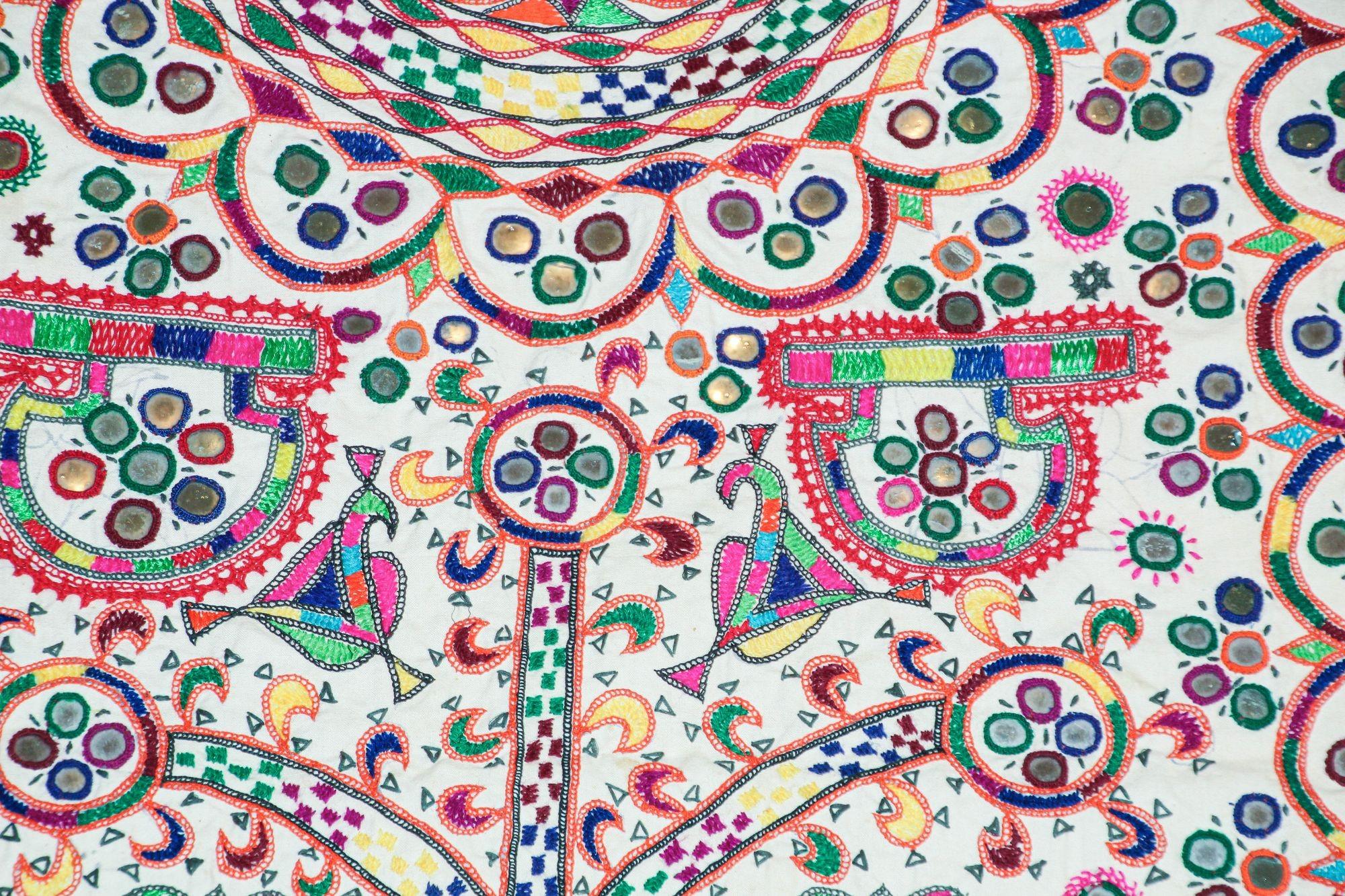 1920's Indian Gujarati Rabari Kutch Silk Embroidered Ethnic Textile with Mirror For Sale 4
