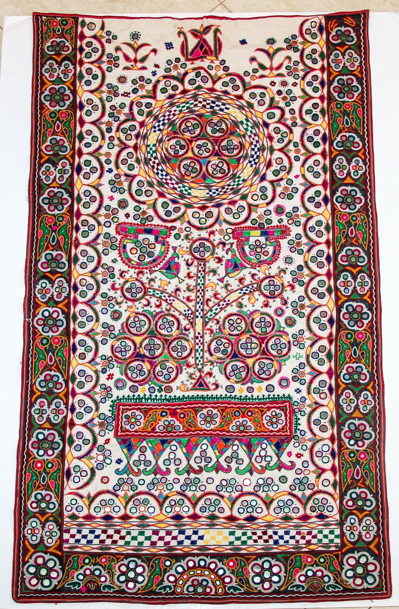 1920's Indian Gujarati Rabari Kutch Silk Embroidered Ethnic Textile with Mirror For Sale 5