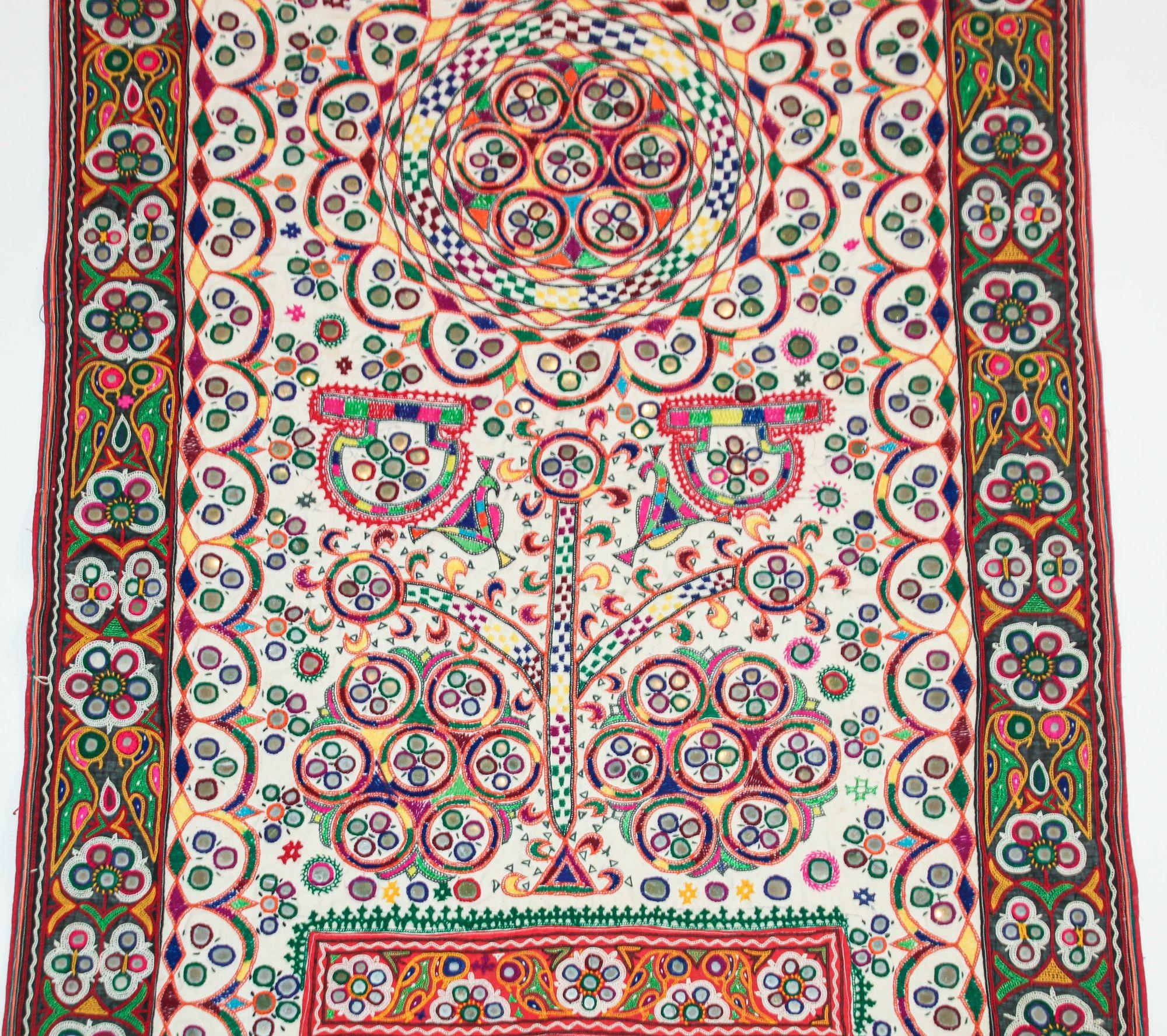 1920's Indian Gujarati Rabari Kutch Silk Embroidered Ethnic Textile with Mirror For Sale 6