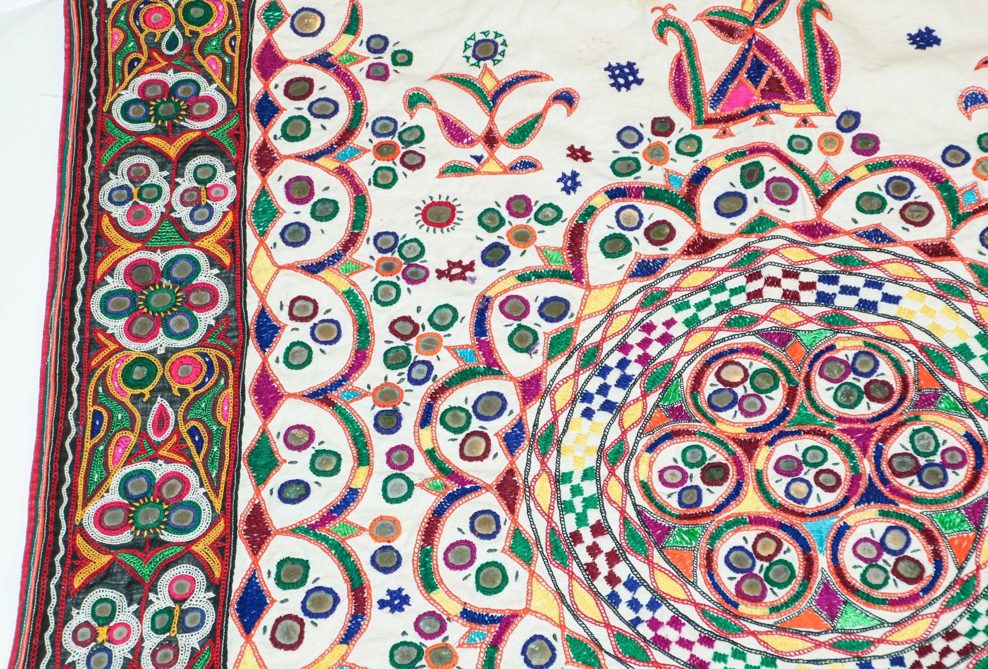1920's Indian Gujarati Rabari Kutch Silk Embroidered Ethnic Textile with Mirror For Sale 7